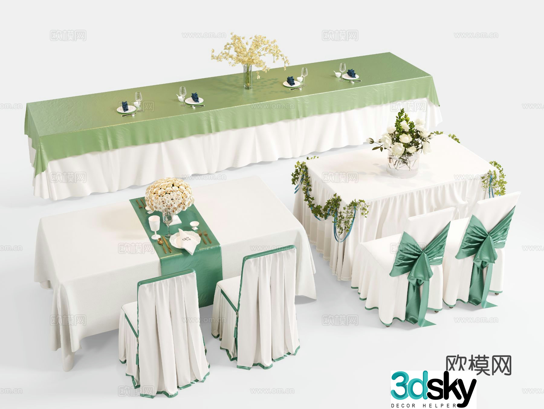 Modern tablecloth banquet table and chairs banquet long dining table dessert table 3D model