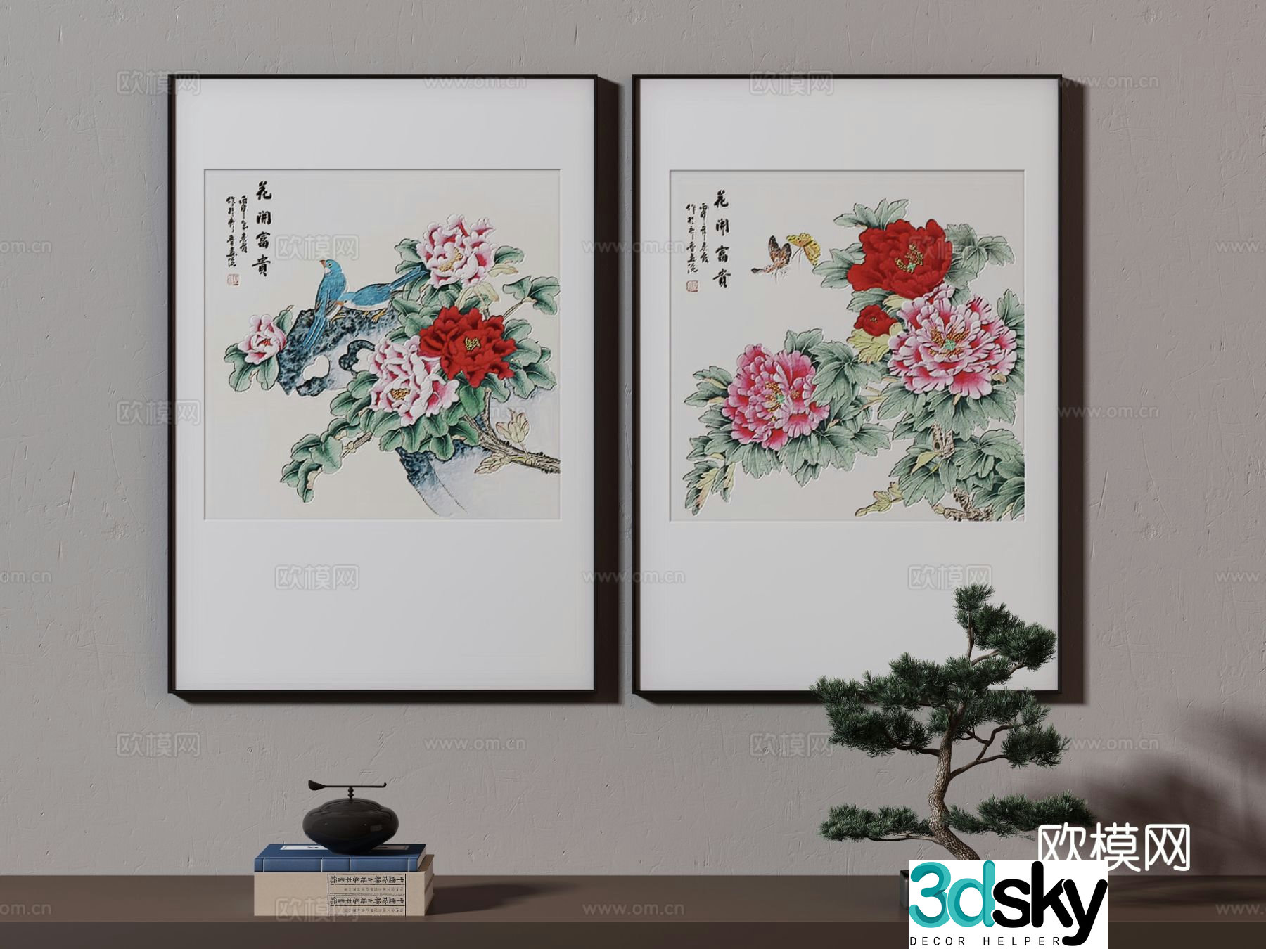 New Chinese style decorative painting peony hanging painting 3D model