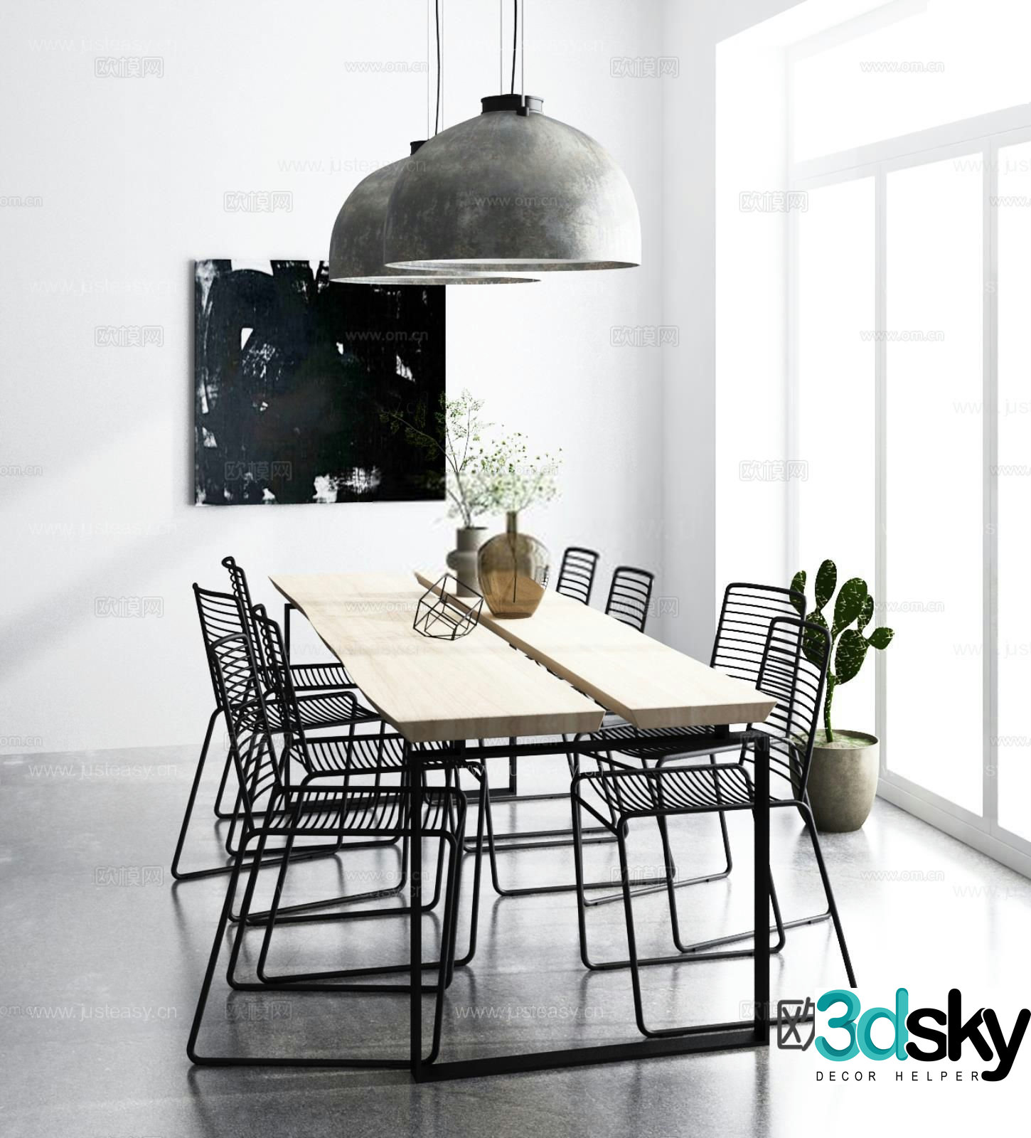 Industrial style dining table and chairs strip dining table 3D model