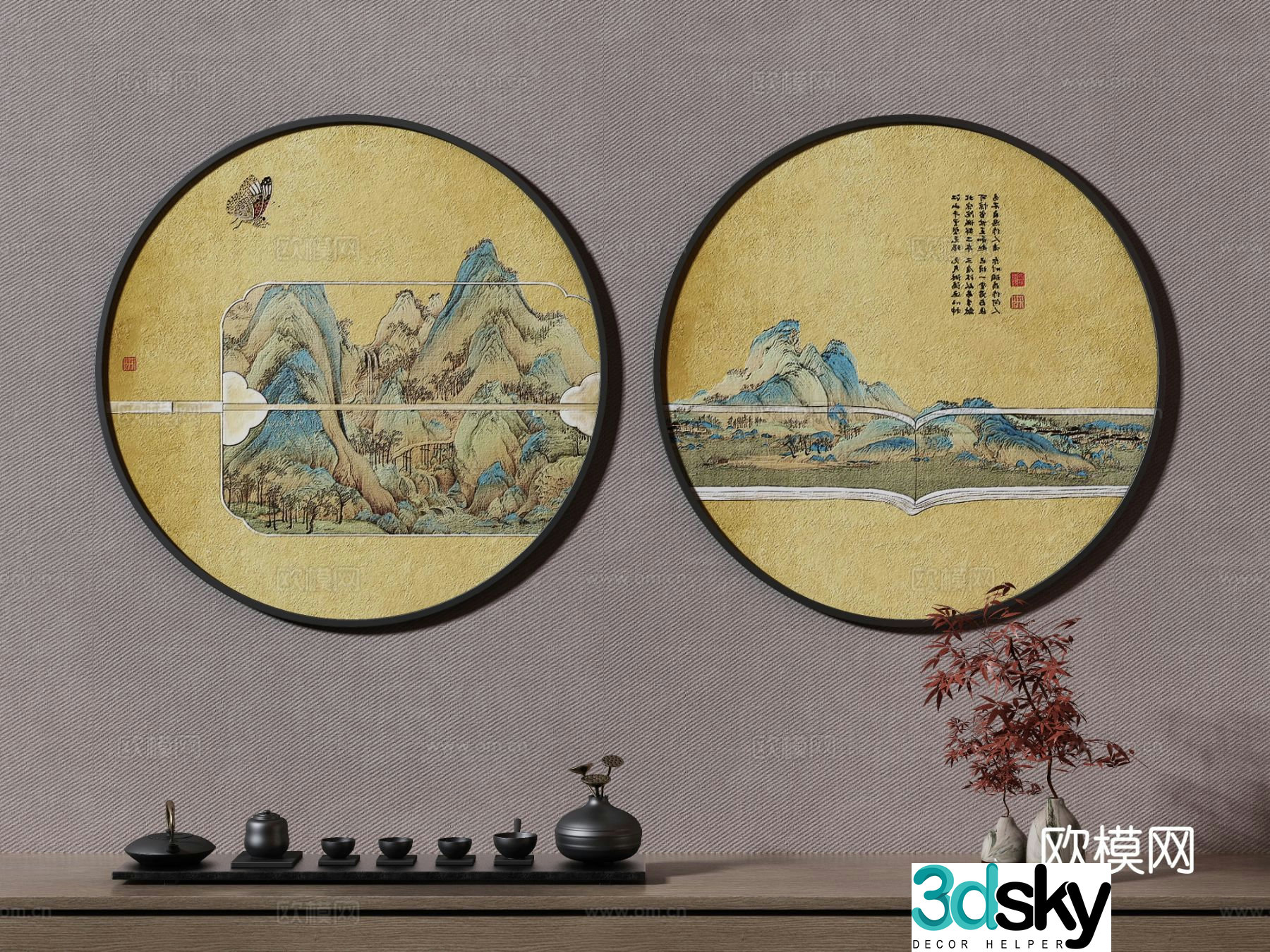 New Chinese style landscape painting decorative painting 3D model