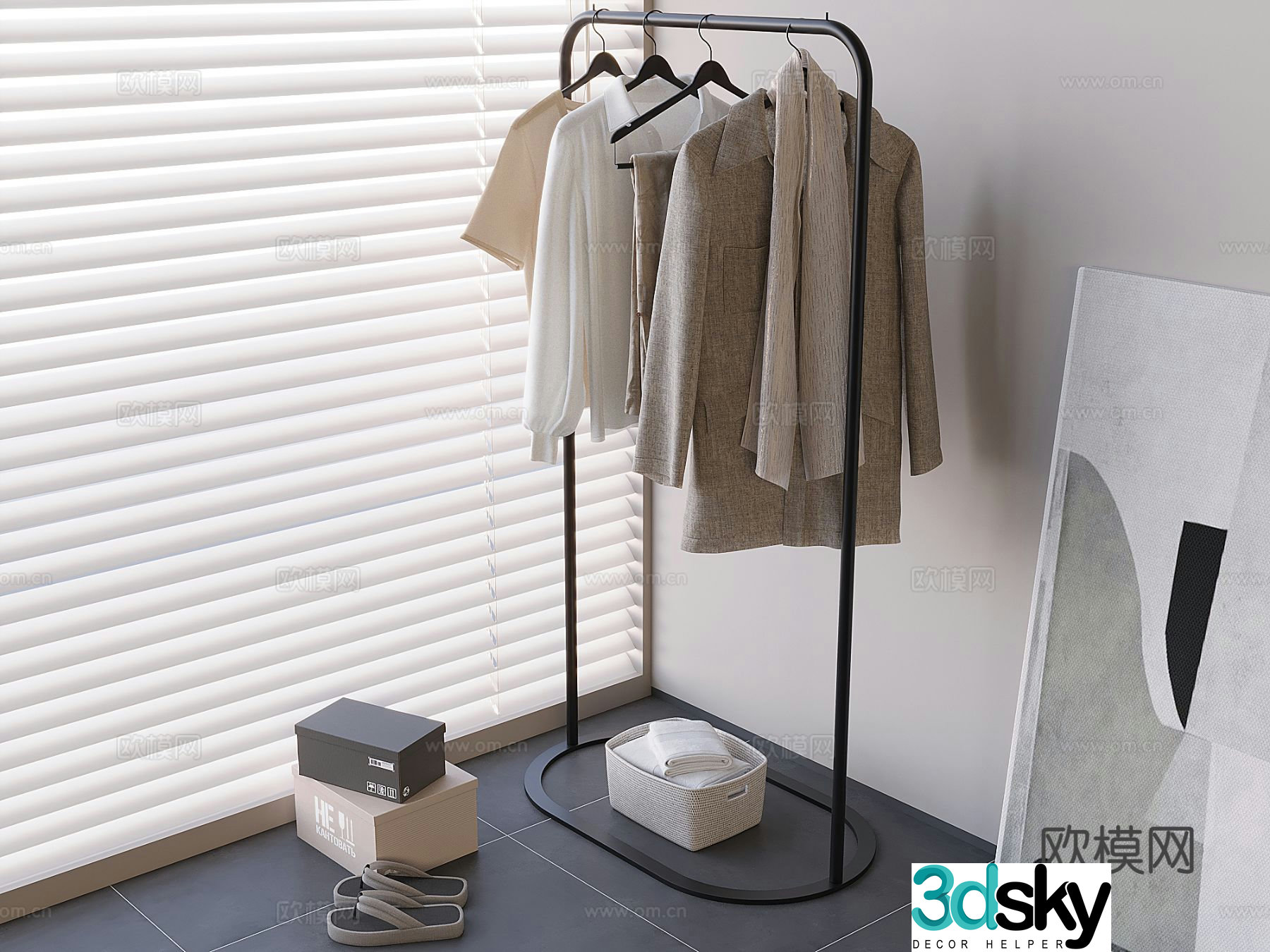 Wrought iron clothes hanger floor-standing clothes hanger coat rack 3D model