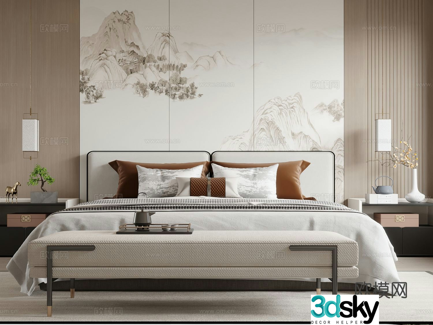 New Chinese style double bed 3d model
