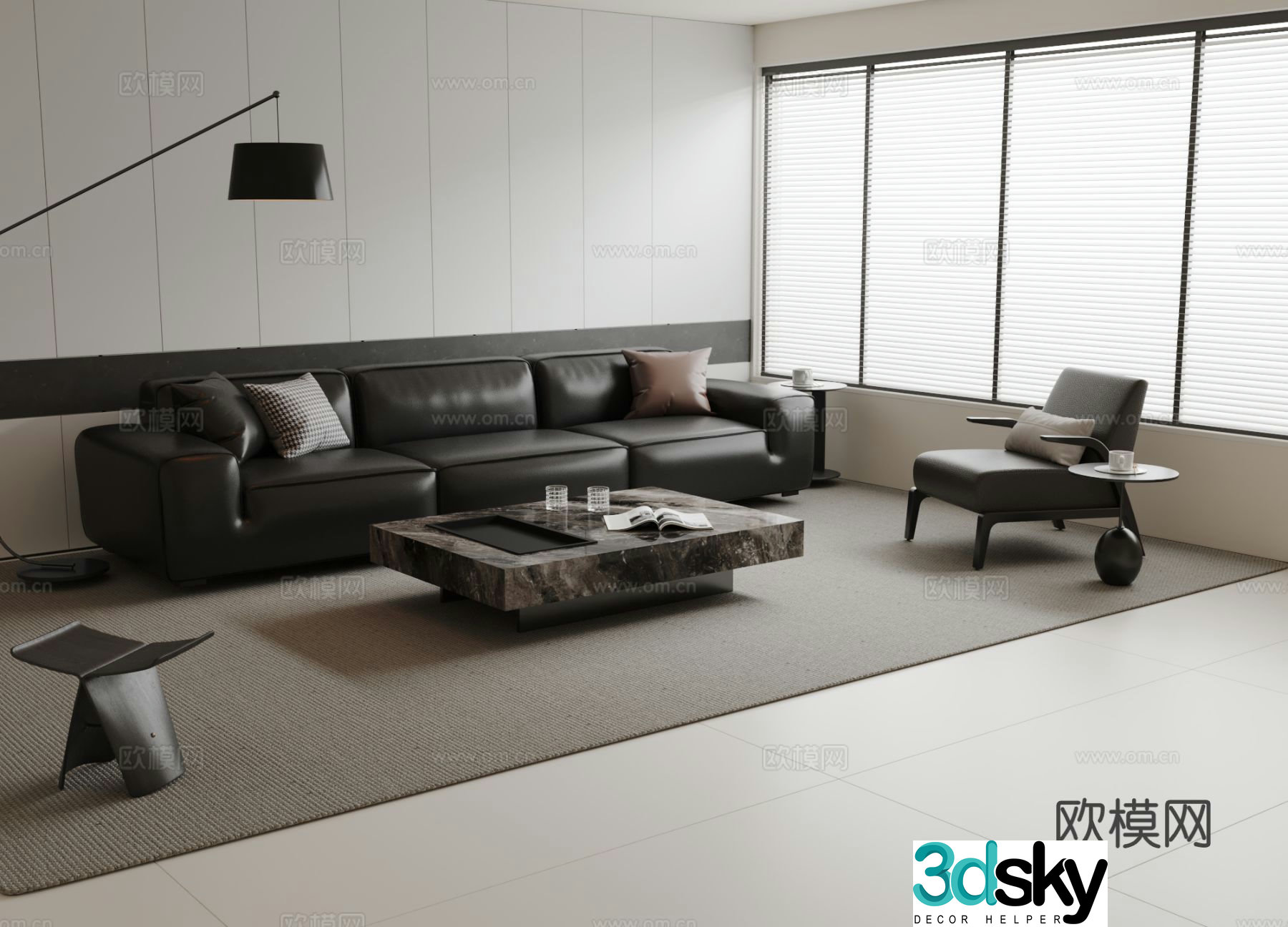 Black leather sofa modular sofa 3d model