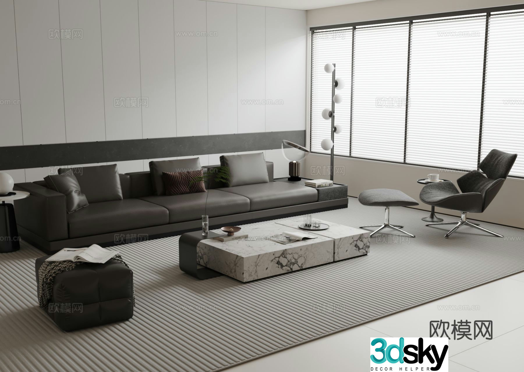 Italian three-person sofa leather sofa modular sofa 3D model