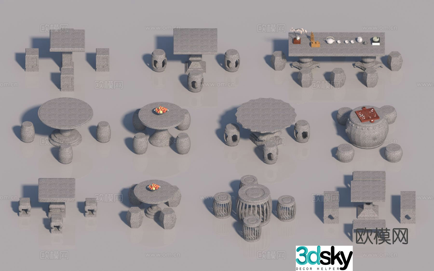 Chinese style stone tables and chairs outdoor tables and chairs 3d model