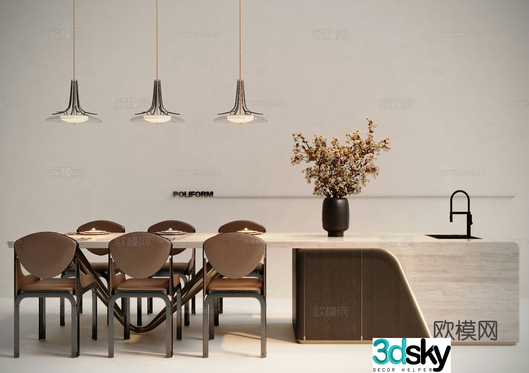 Modern island dining table and chairs 3d model