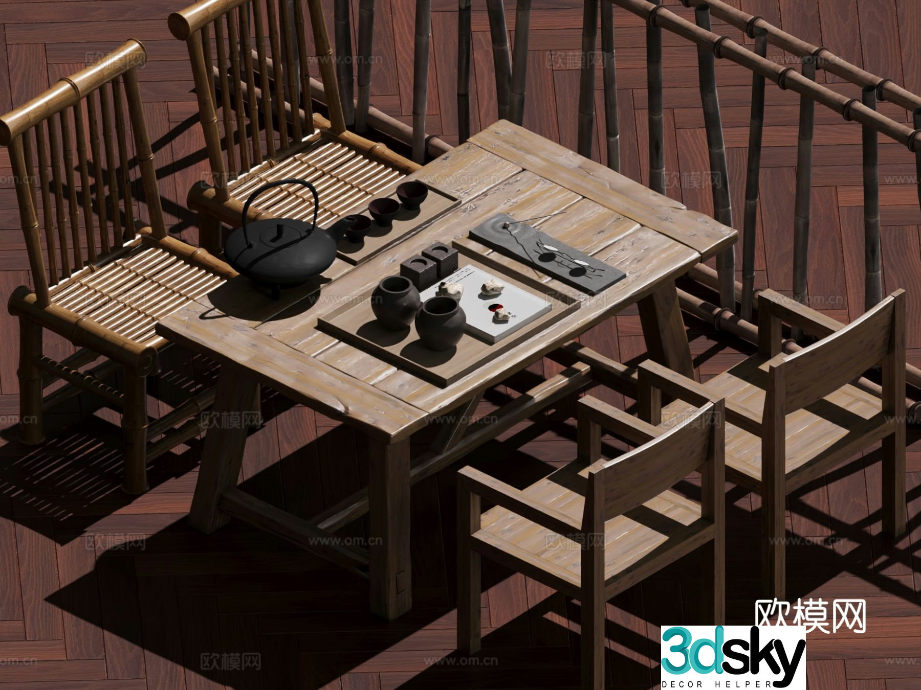 Wabi-sabi retro tea table and chairs old tea table tea table 3d model