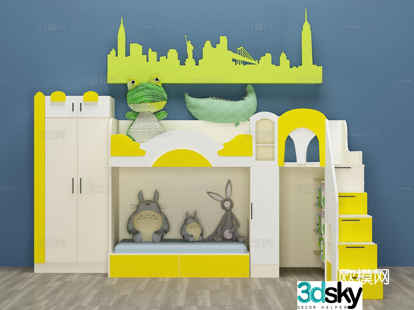 Modern children’s bed bunk bed children’s wardrobe 3D model