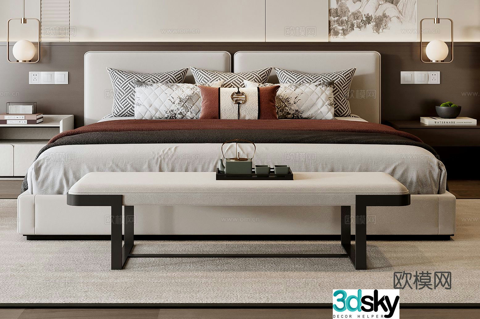 New Chinese style double bed 3d model