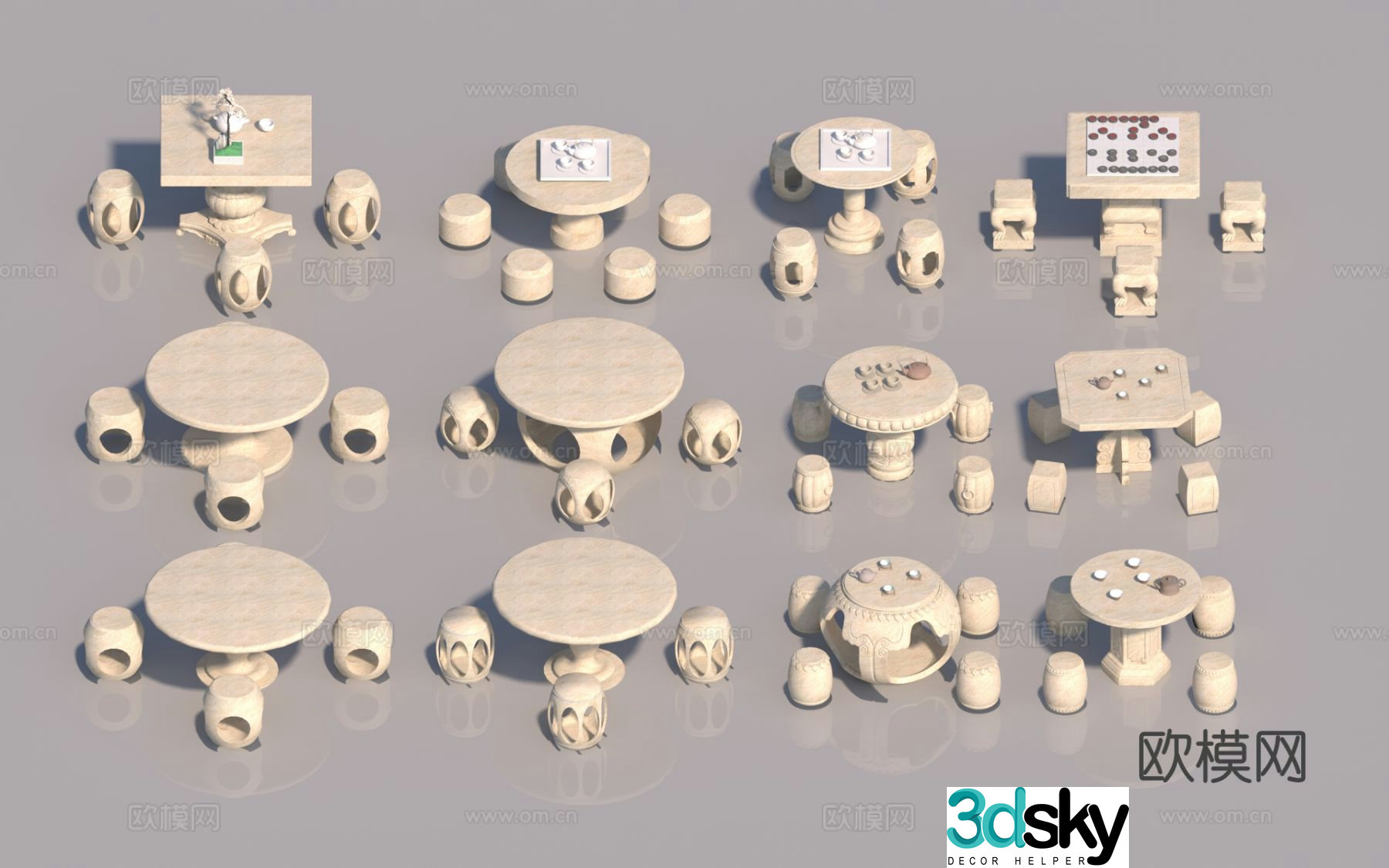 Chinese style stone tables and chairs outdoor tables and chairs round tables stone stools 3D model