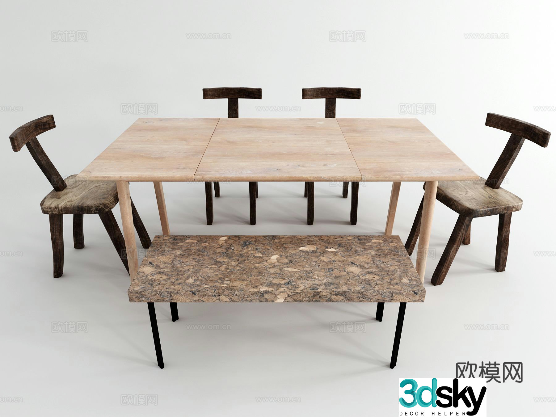 Wabi-sabi dining table and chairs 3d model