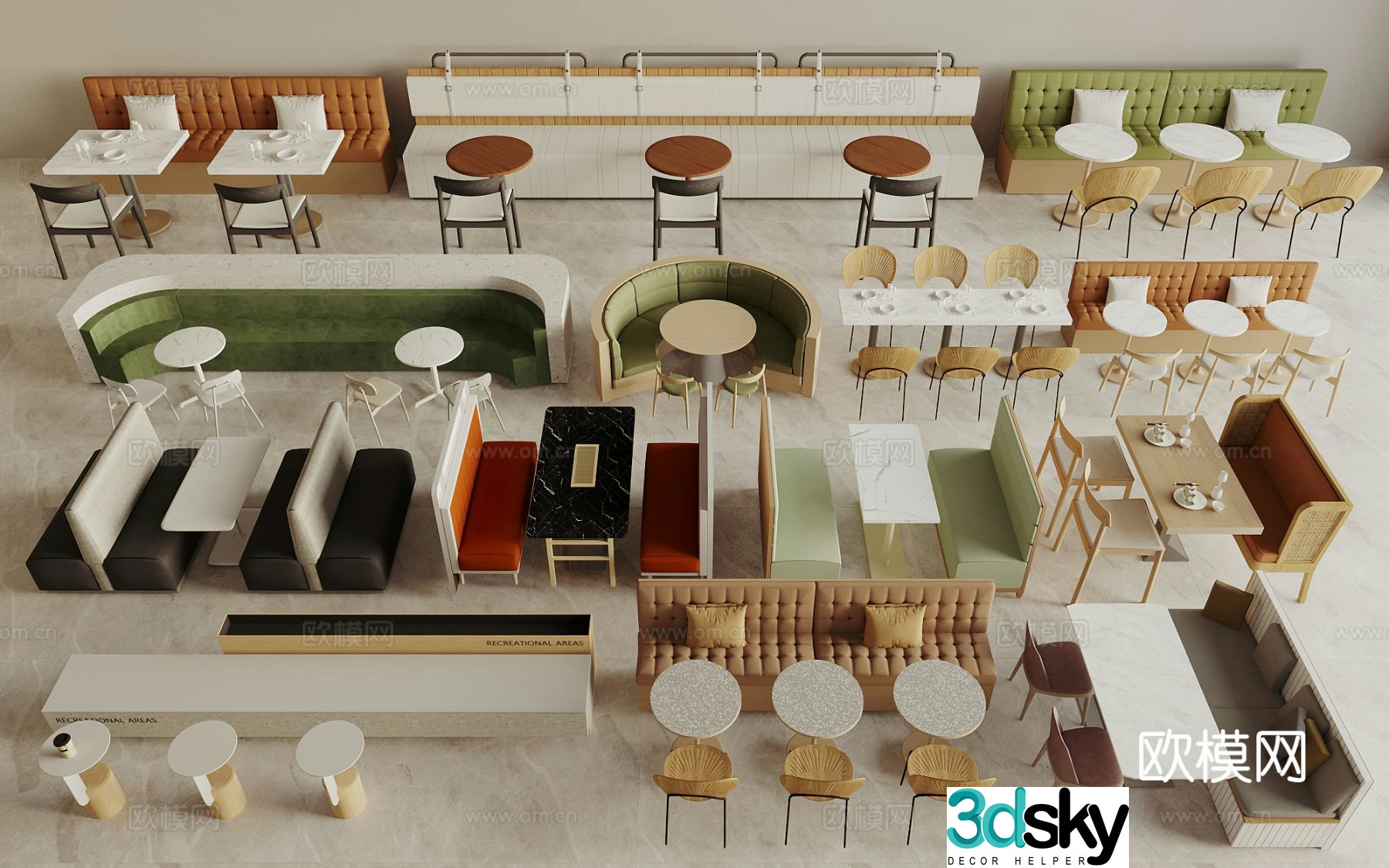 Modern restaurant dining table and chairs curved booth sofa booth sofa 3D model