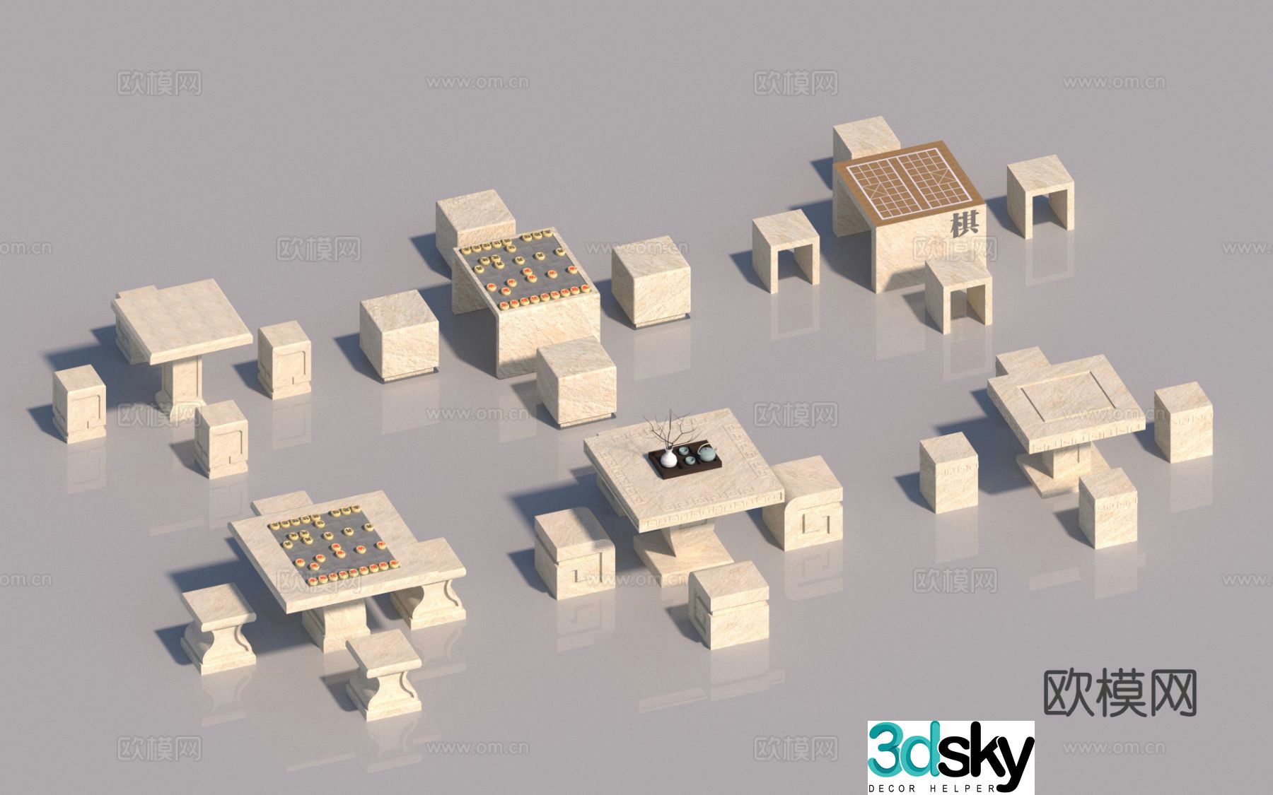 Chinese stone tables and chairs outdoor tables and chairs chess table 3D model