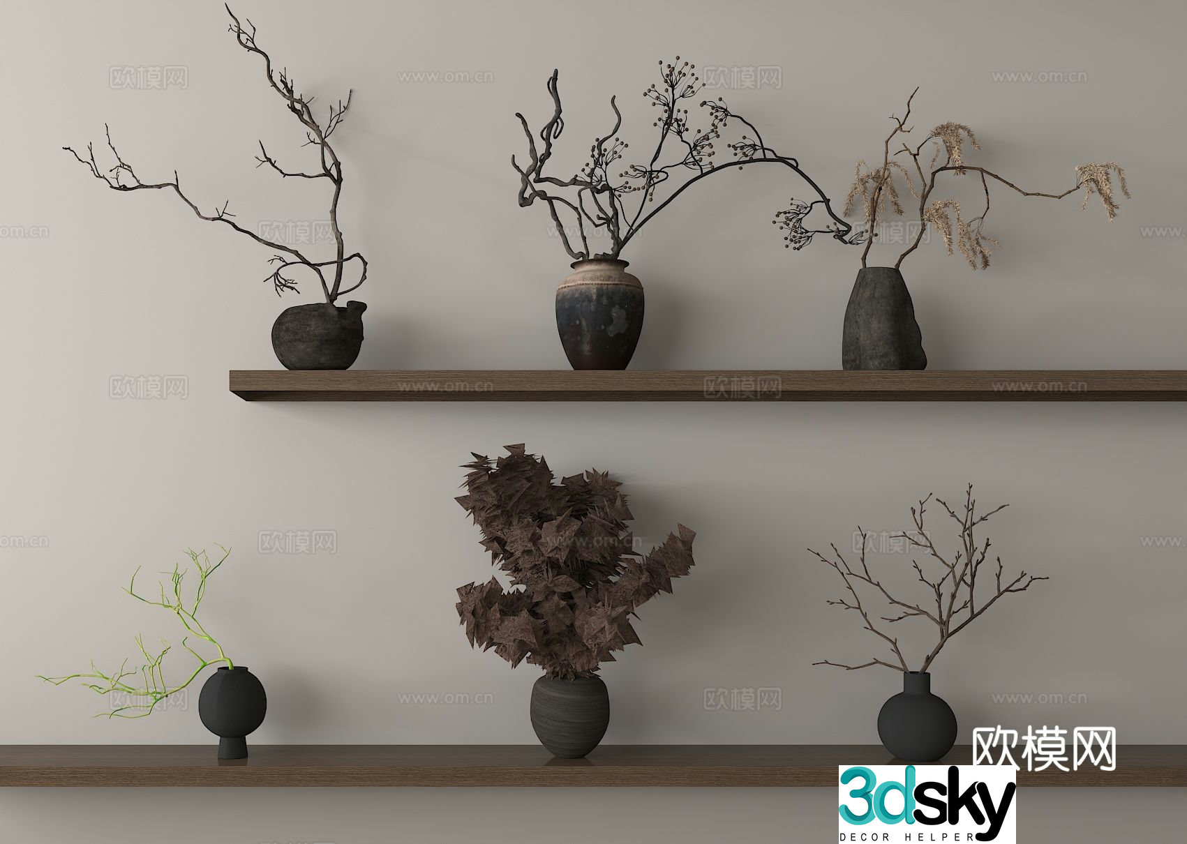Wabi-sabi dried branches clay pot dead branches vase floral 3D model