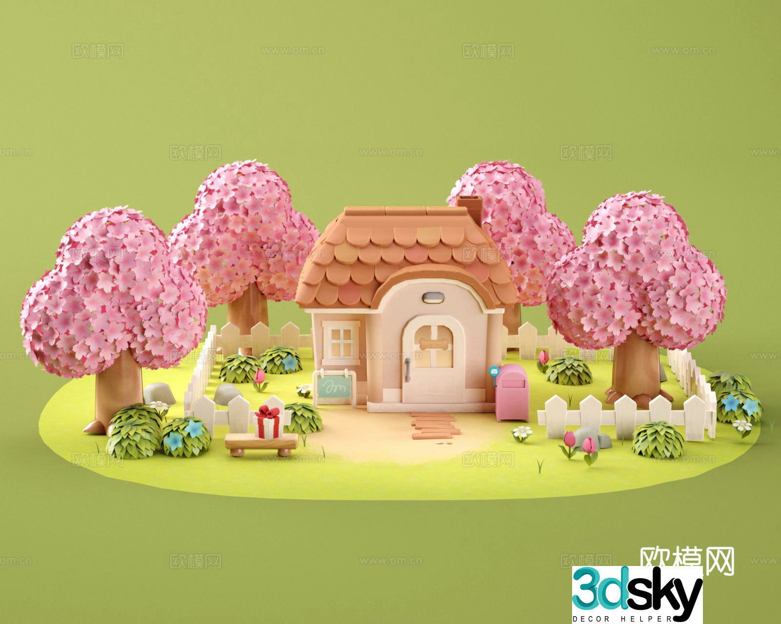 cartoon scene cartoon courtyard cartoon cherry blossom tree 3d model