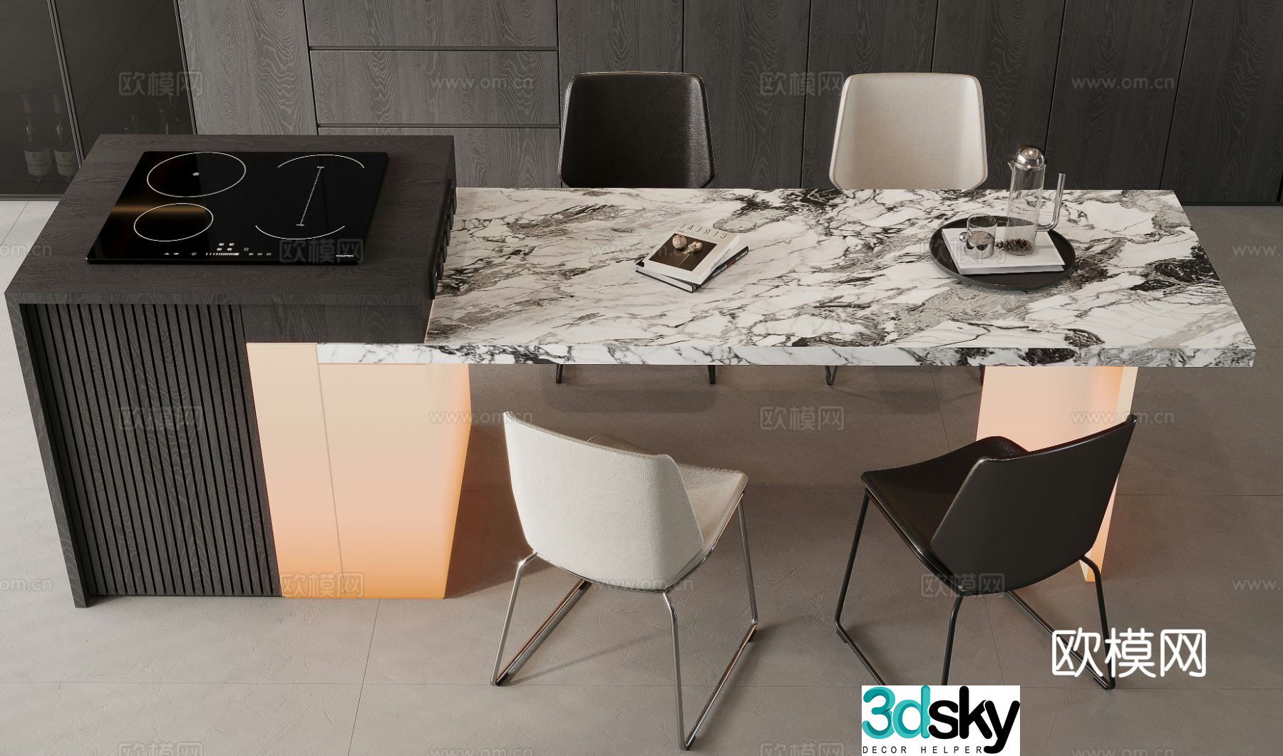 Modern island dining table and chairs 3d model
