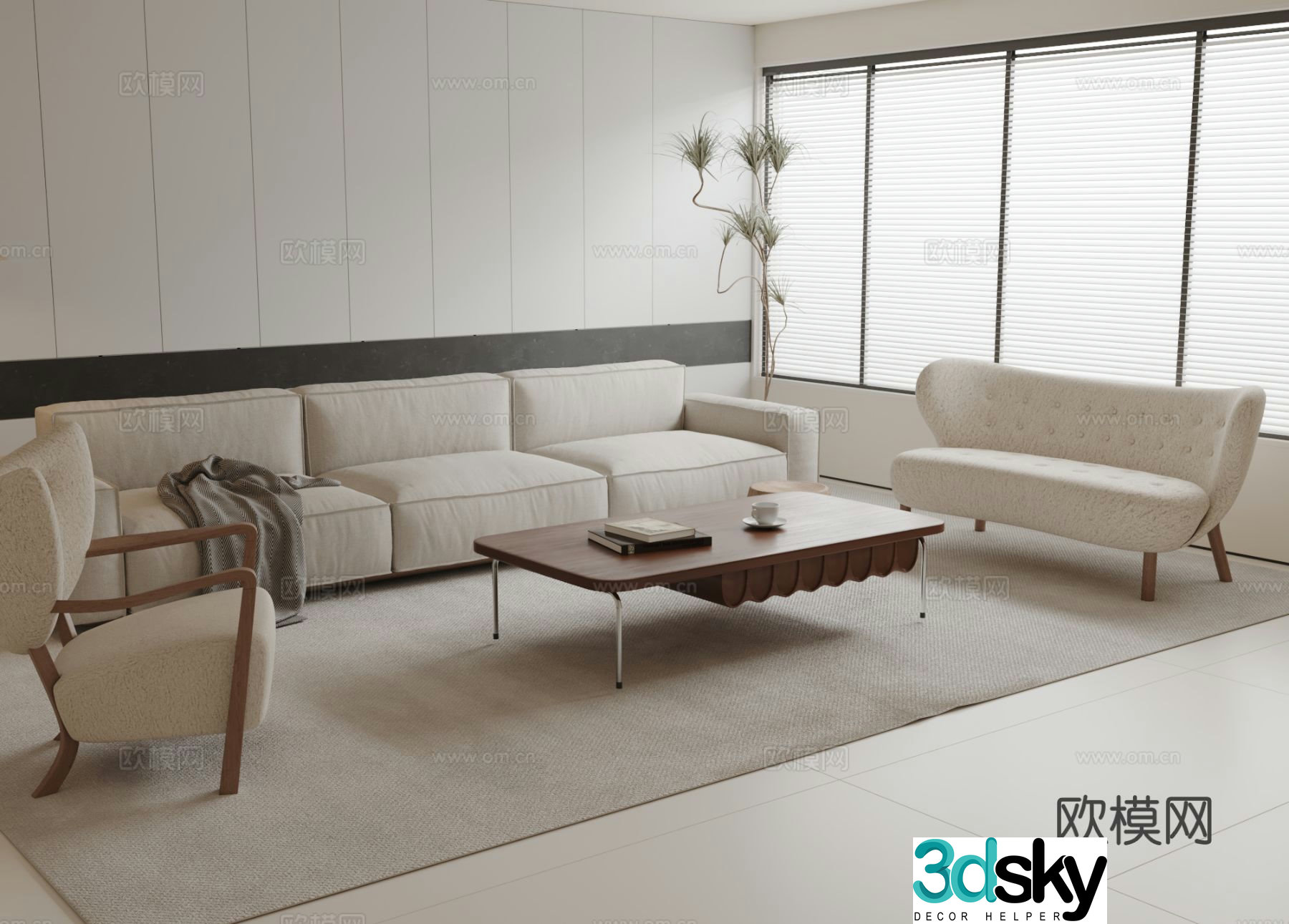 Cream style three-seat sofa modular sofa 3D model