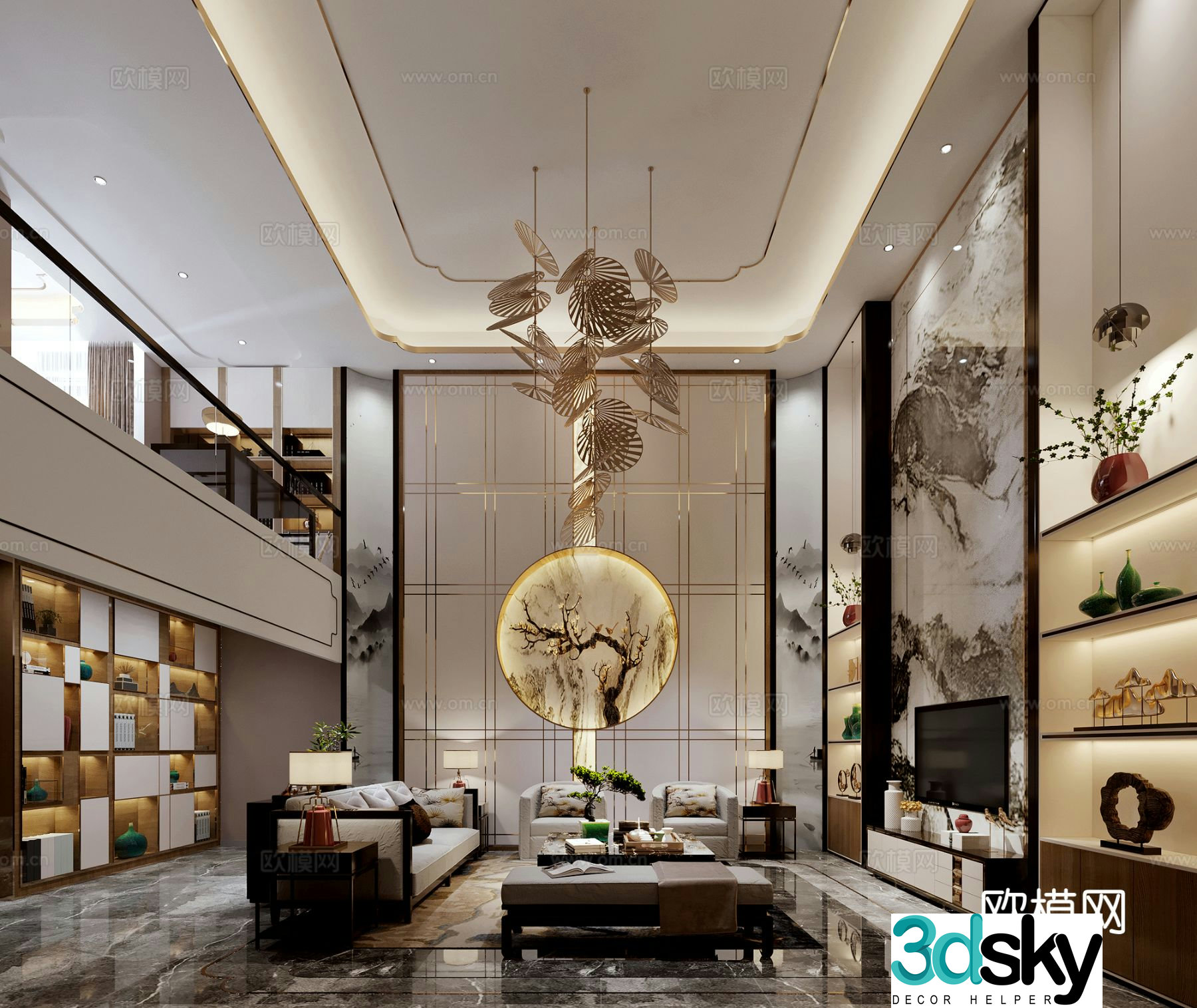 New Chinese style villa living room 3D model