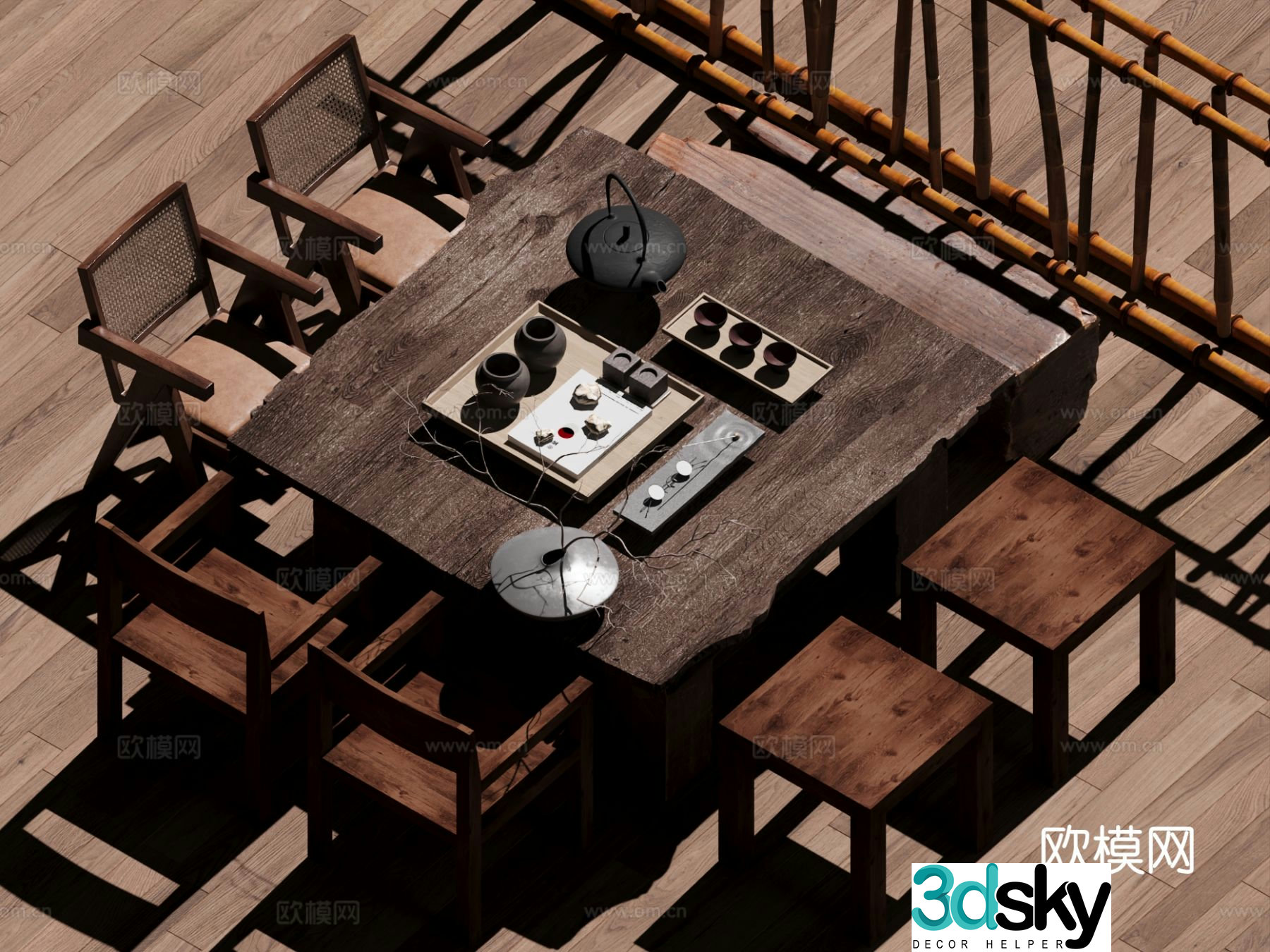 Wabi-sabi tea table and chair root carving tea table and chair 3d model