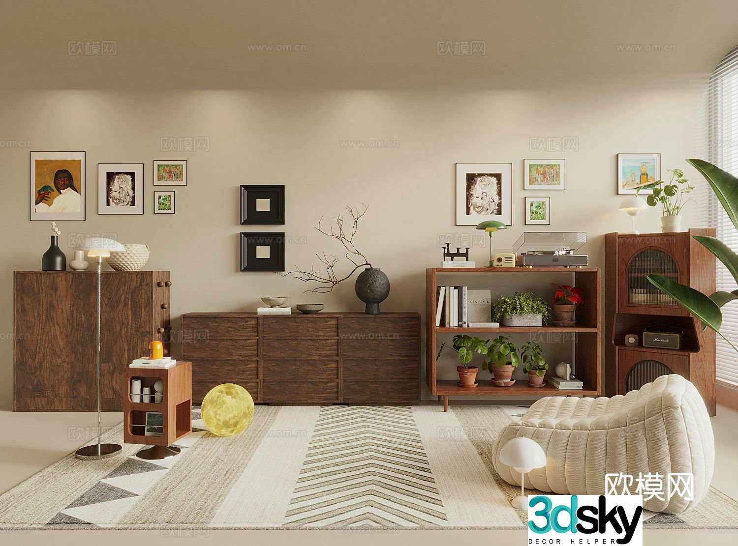Medieval style entrance cabinet side cabinet chest of drawers lazy sofa moon lamp 3D model