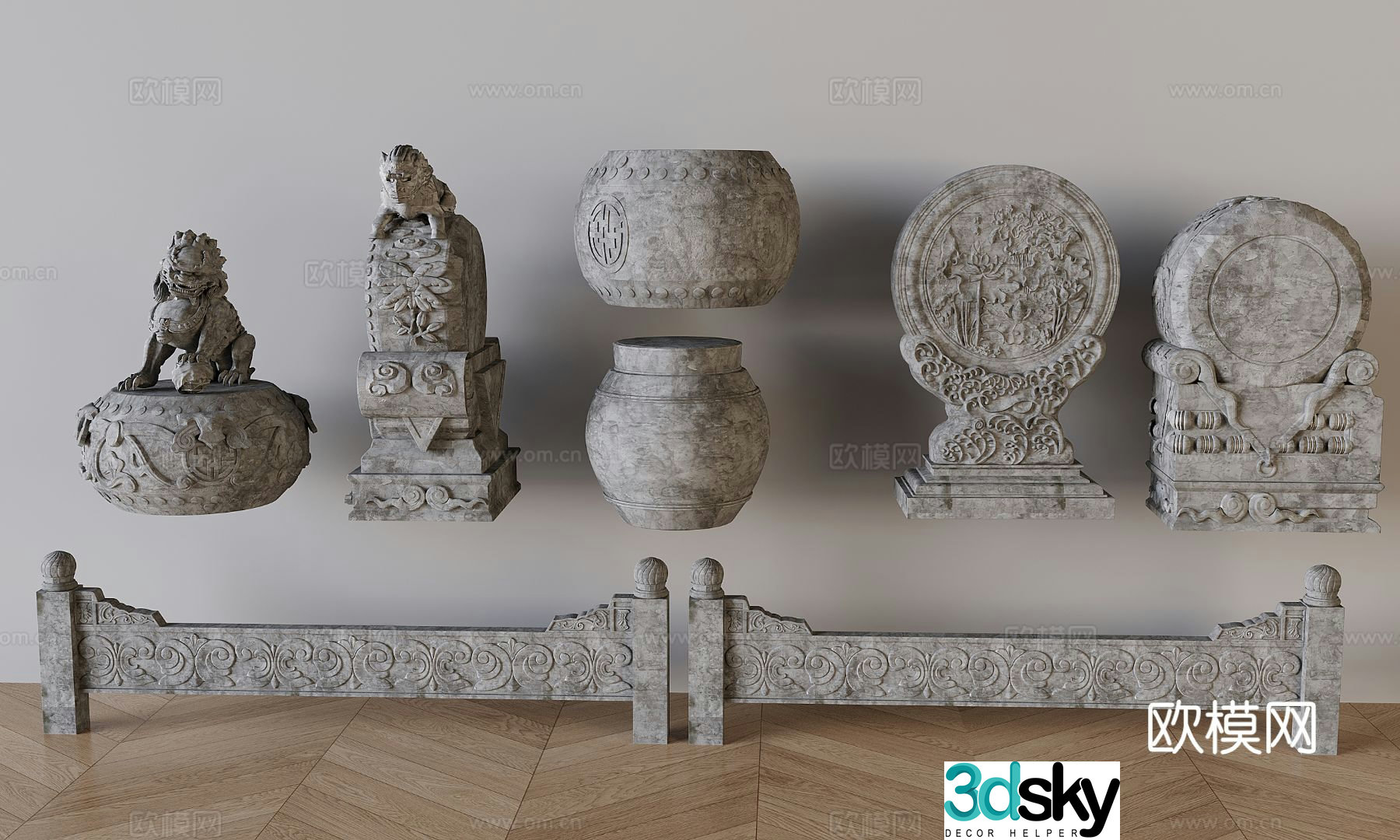 Chinese style stone lion drum stone stone drum door pier stone carving stone pier 3D model