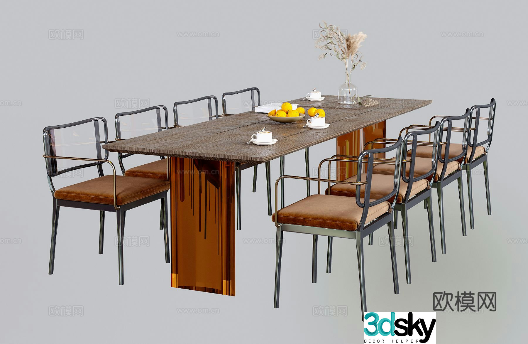 Modern dining table and chairs rectangular dining table eight-person dining table 3D model