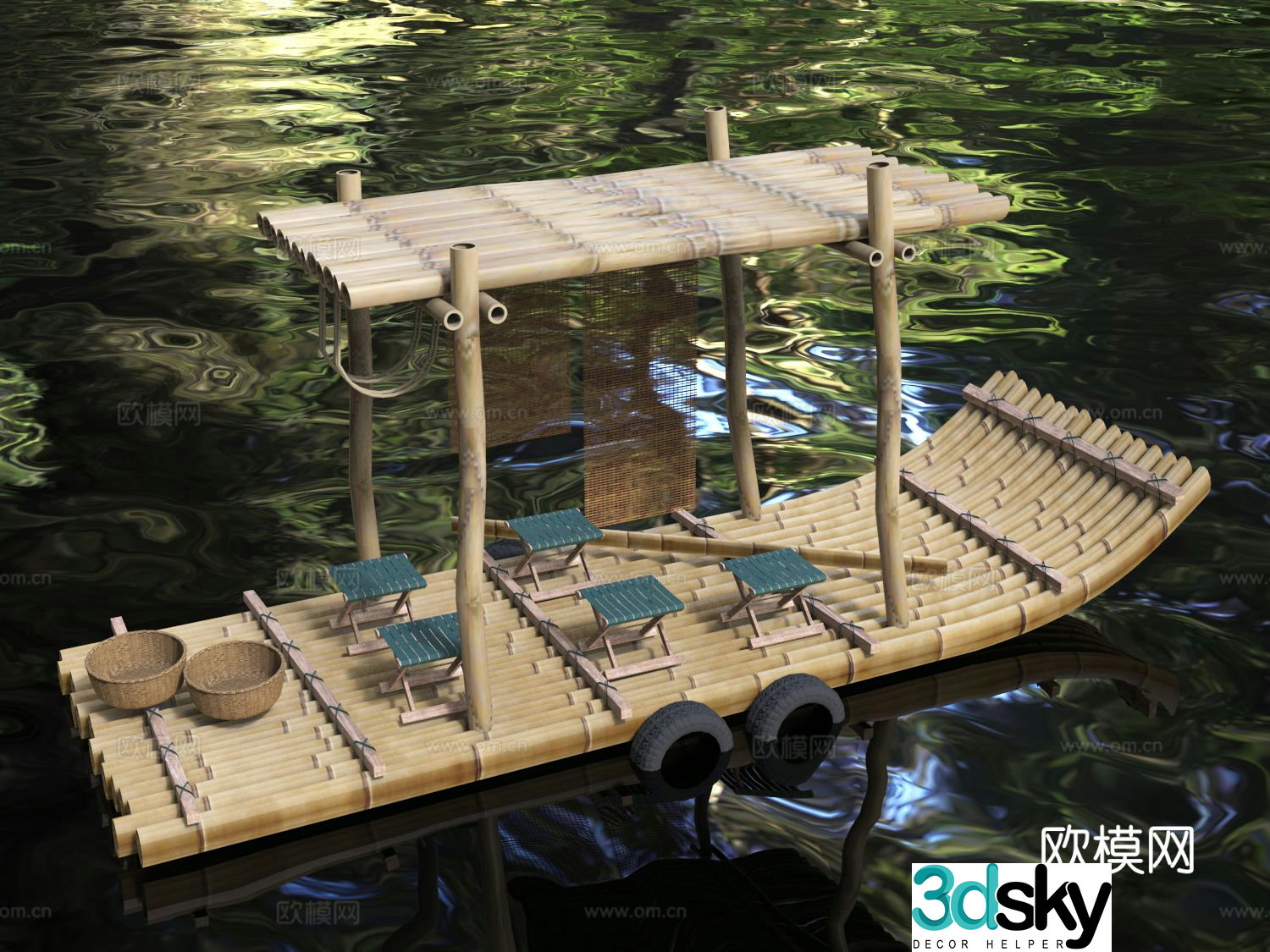 Wooden bamboo raft, bamboo raft boat, wooden boat, drift raft, scenic boat 3d model