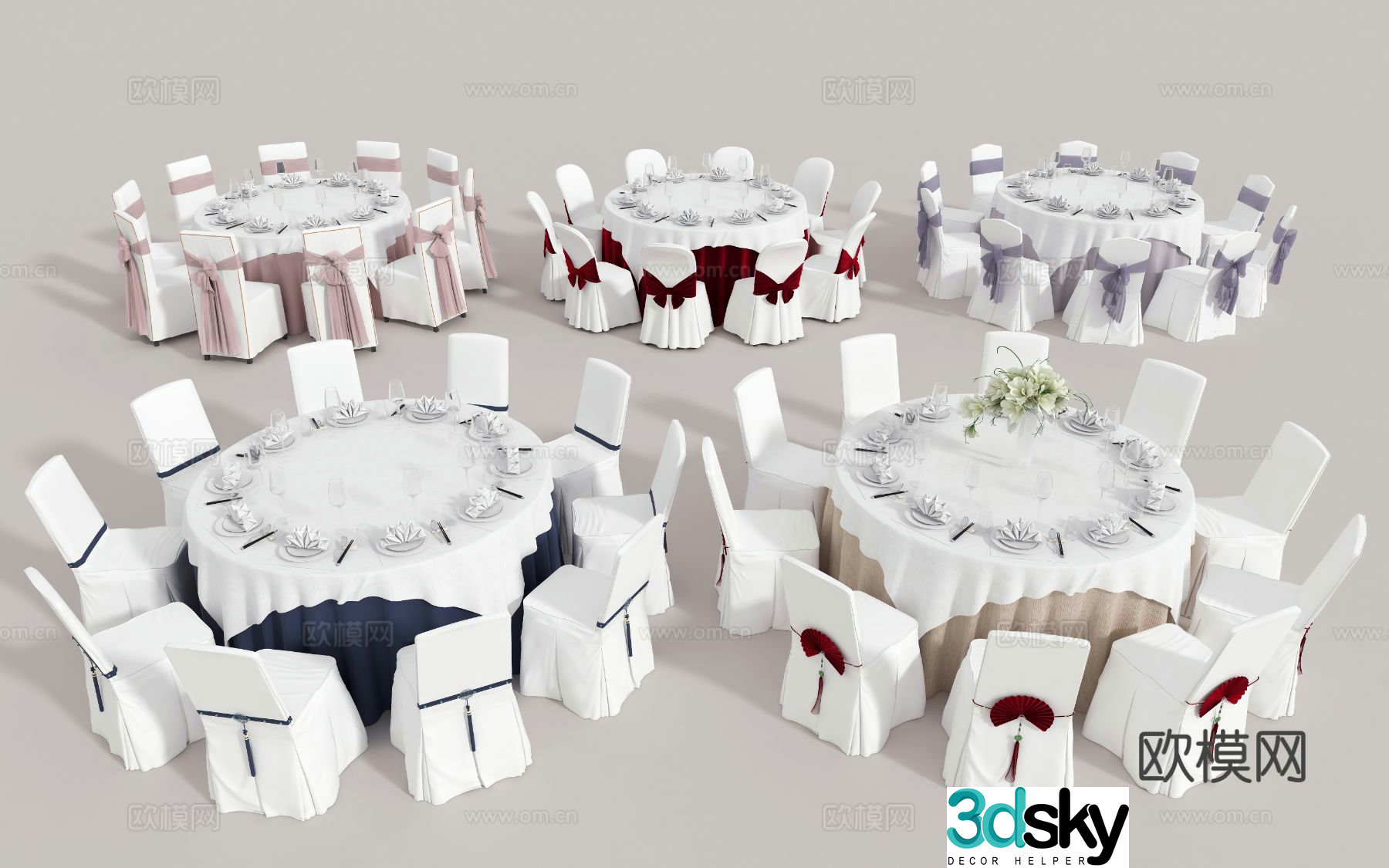 Modern banquet hall dining table and chairs 3d model