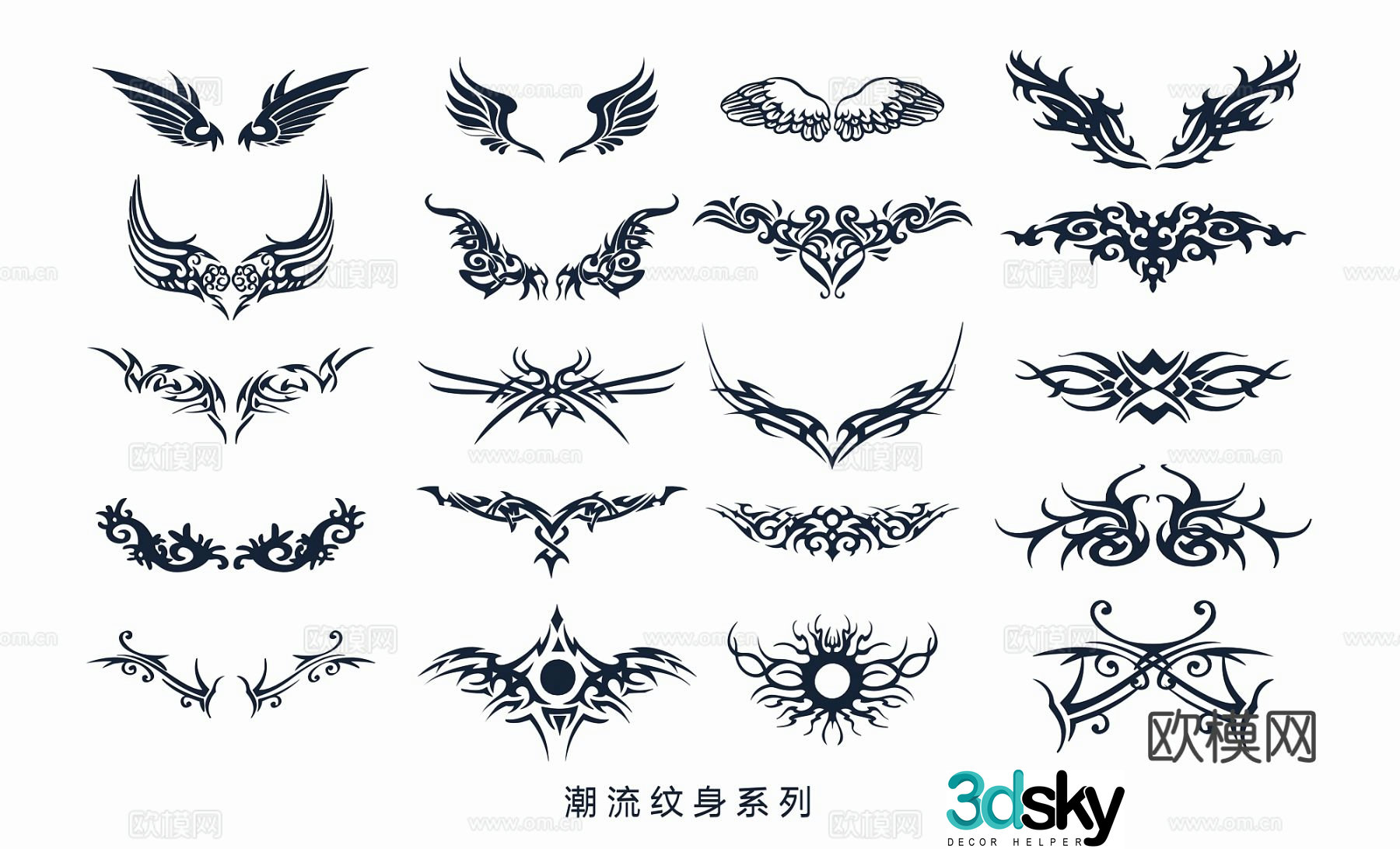 Trendy tattoo black and white wings butterfly bird tattoo totem pattern 3d model