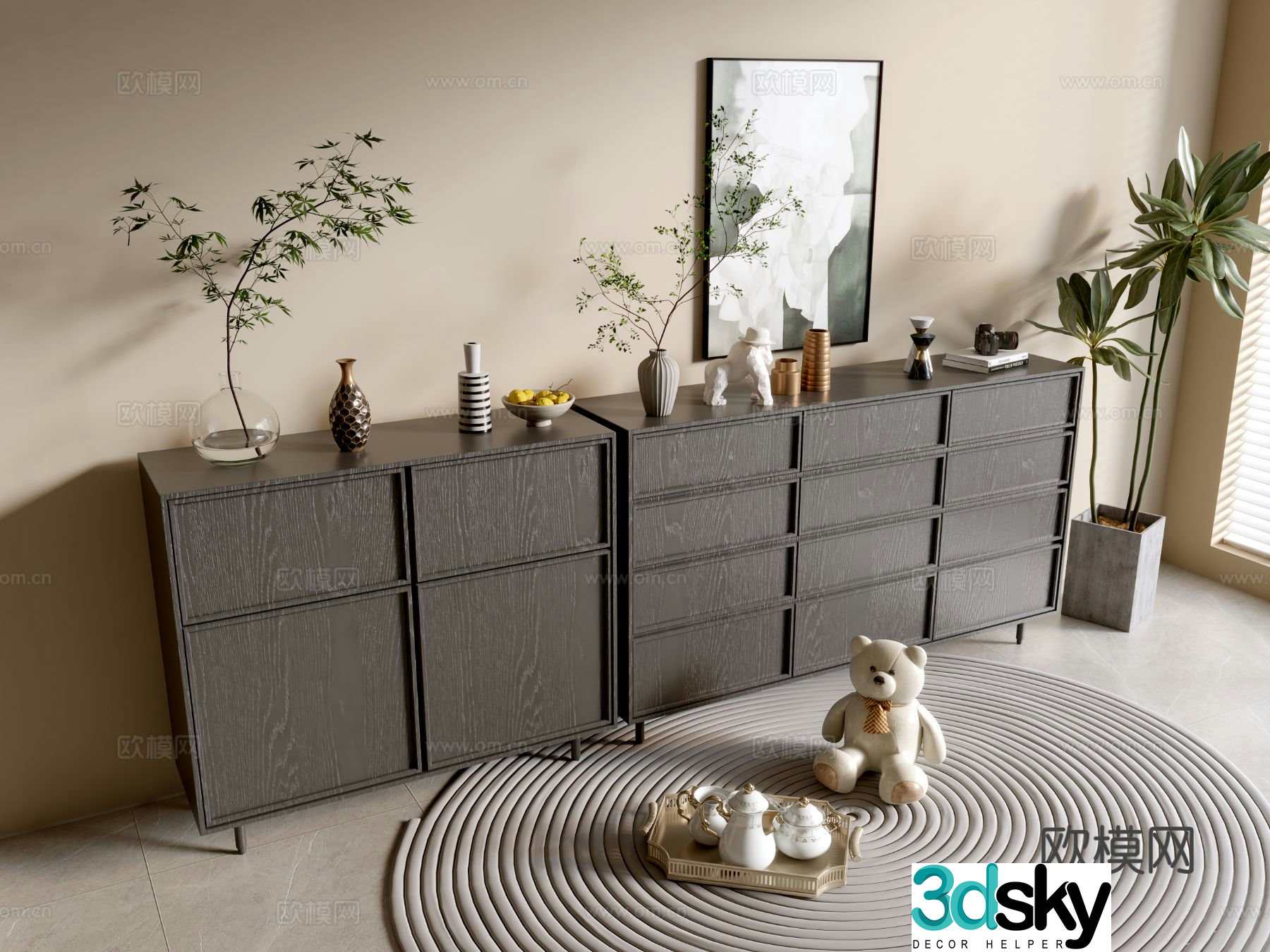 Modern black wood grain entrance cabinet drawer cabinet 3d model