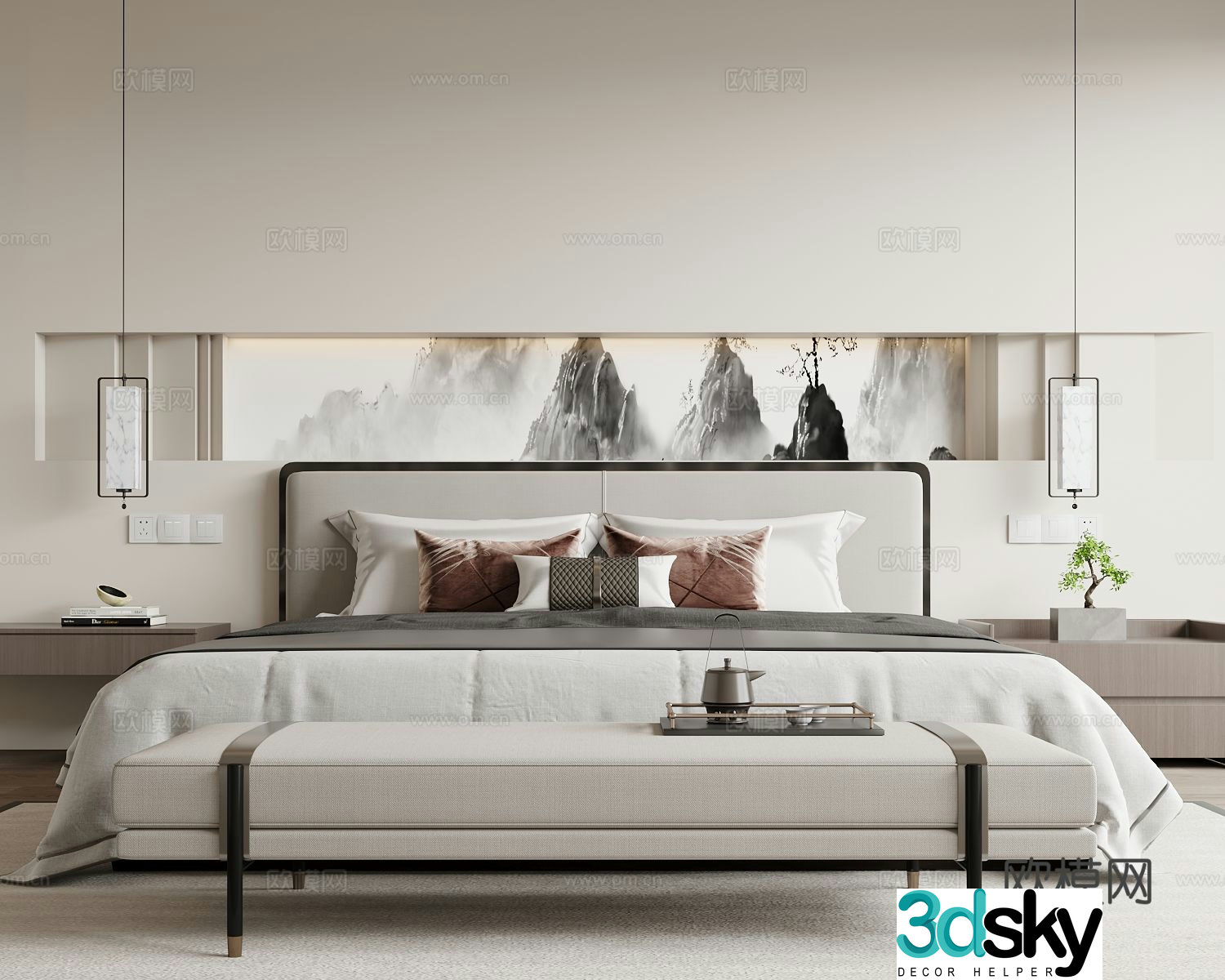 New Chinese style double bed 3d model