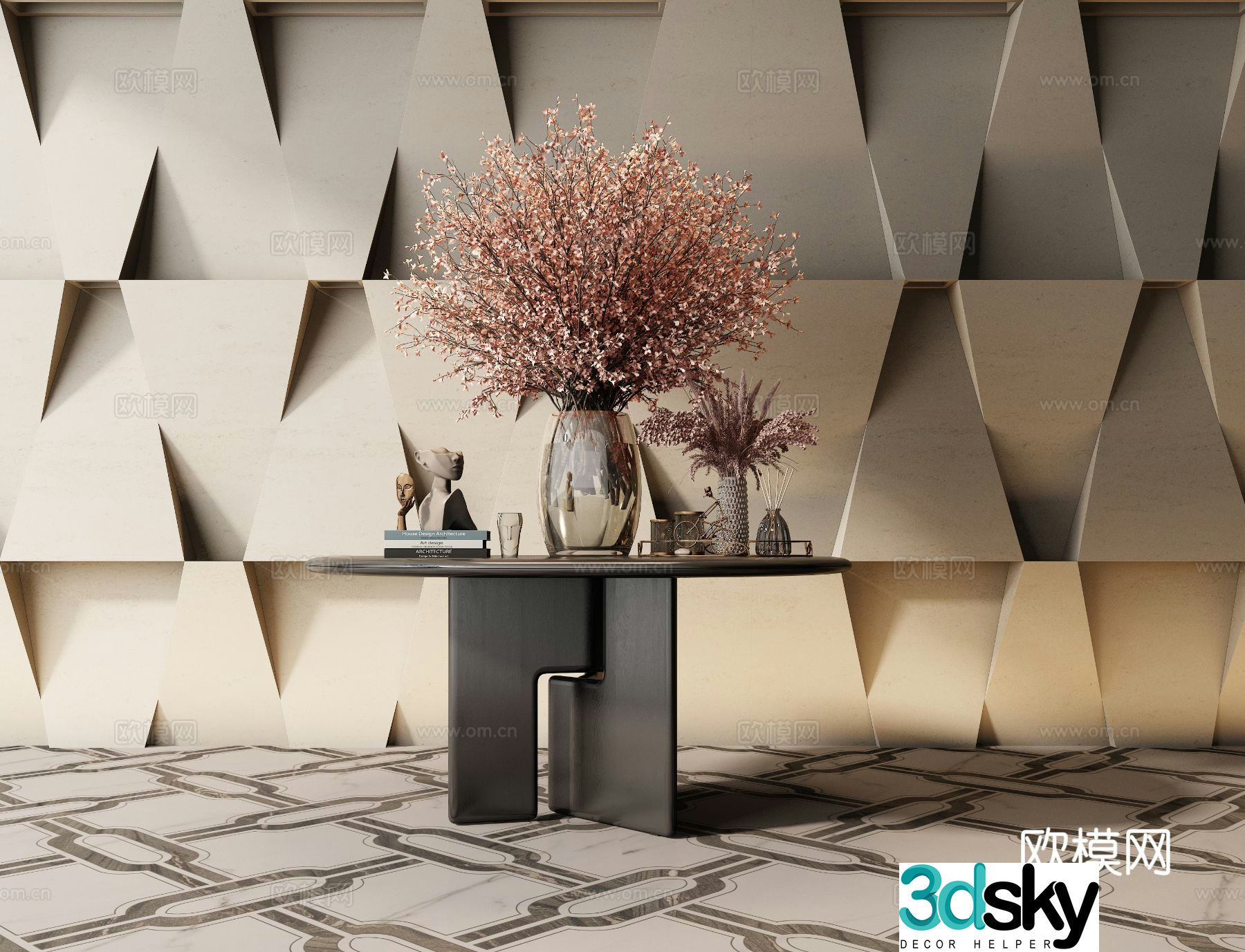 Modern end view desk floral arrangement vase ornaments 3d model