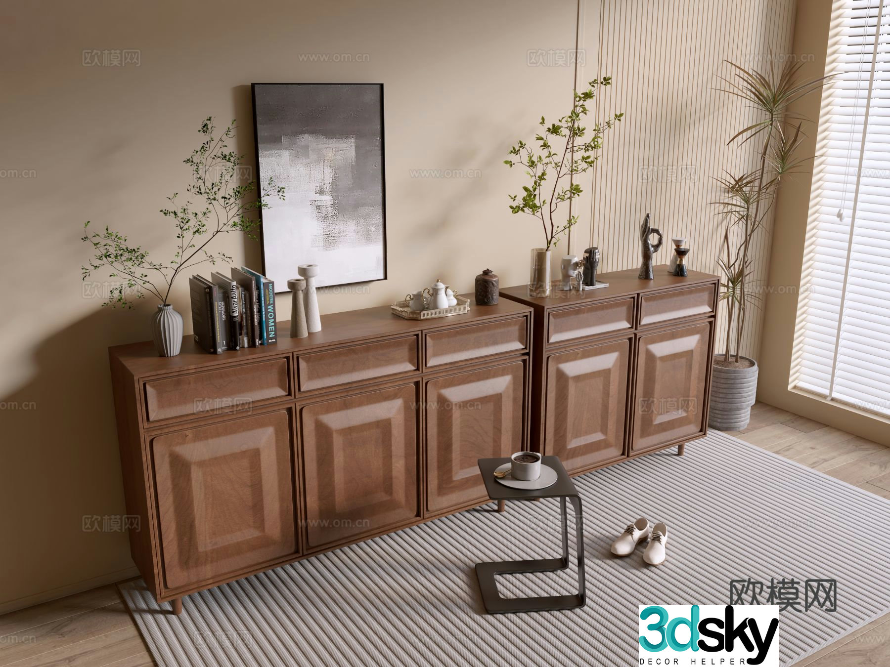 Log style entrance cabinet wood grain cabinet 3d model