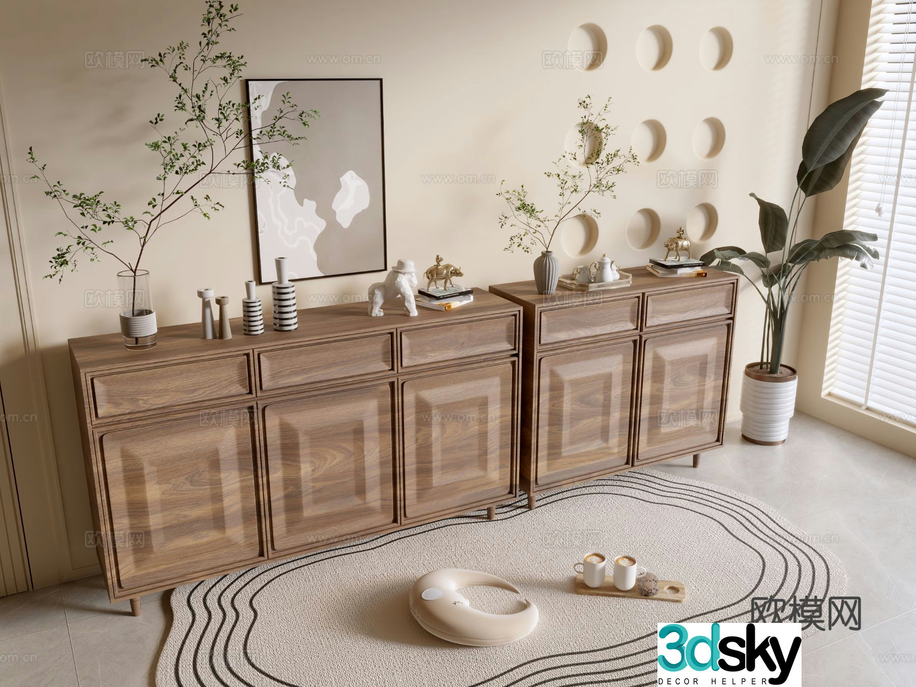 Log style side cabinet wood grain cabinet chest of drawers 3D model