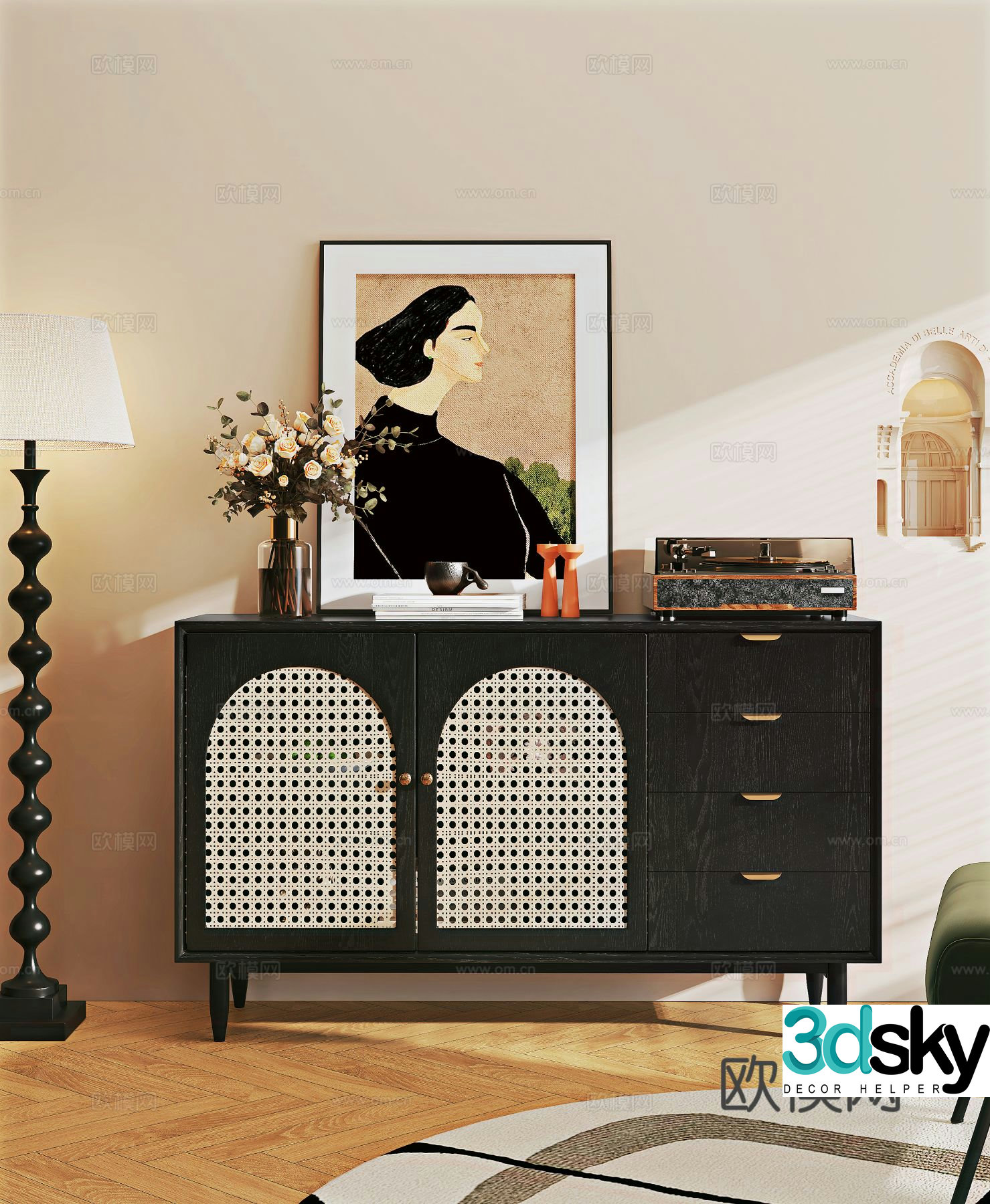 Medieval style entrance cabinet rattan cabinet 3D model