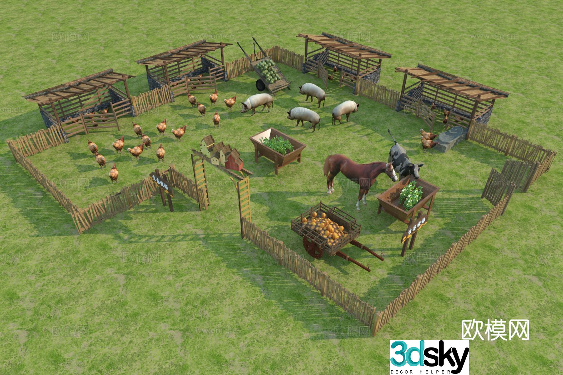 New Chinese style rural ecological farm livestock farm 3D model