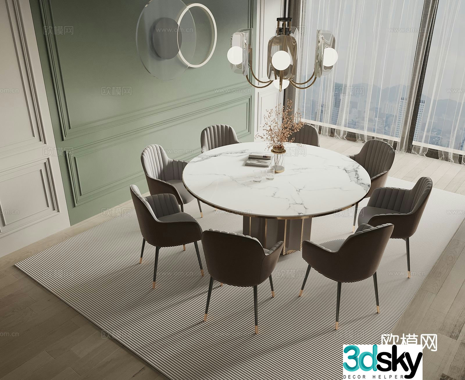 French dining table and chairs round table 3d model