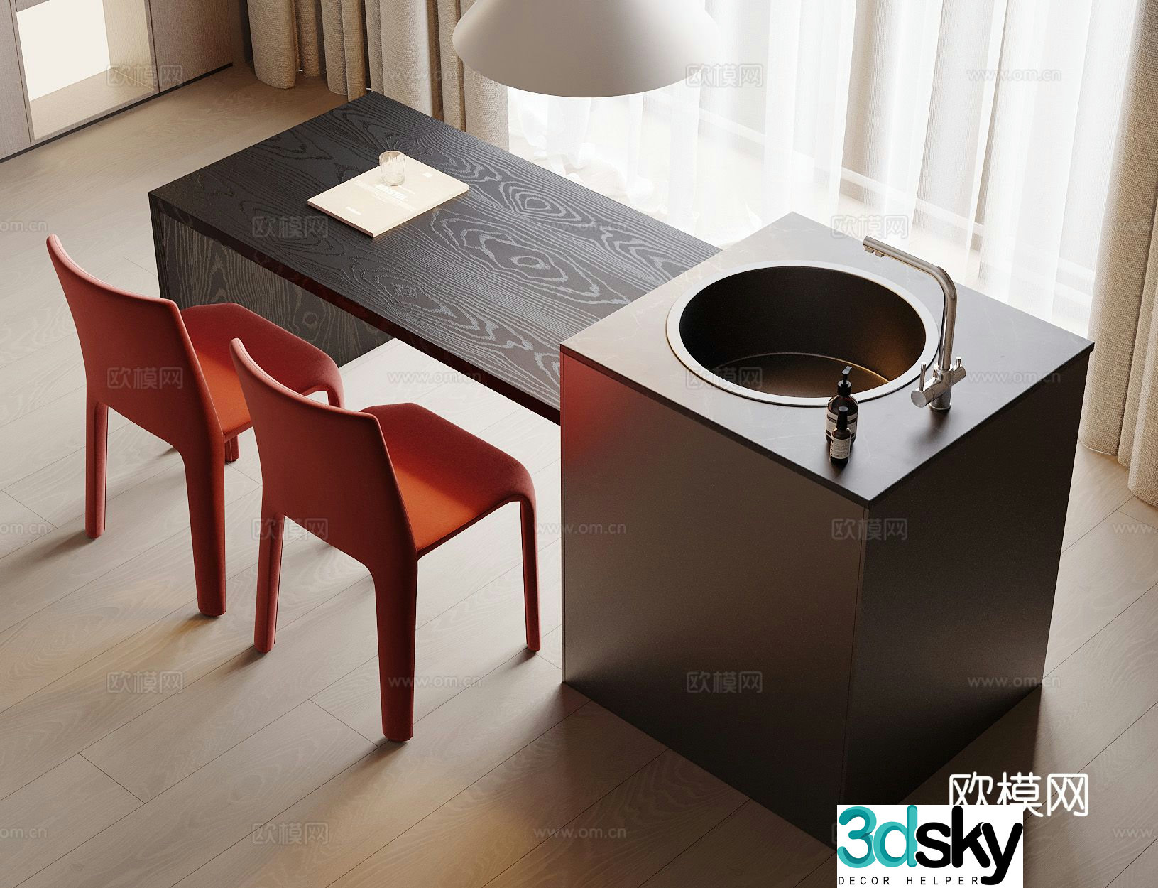Modern island table dining table and chairs 3d model