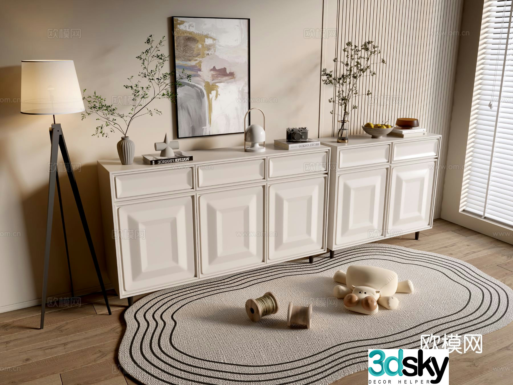 Cream style side cabinet entrance cabinet 3D model