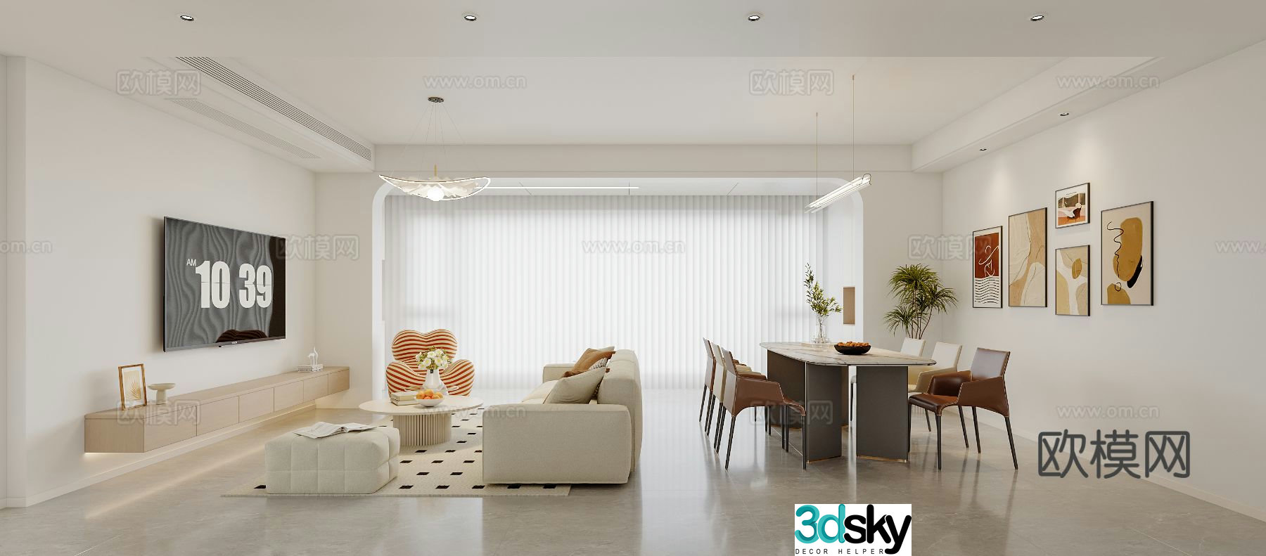 Cream style horizontal hall living room 3D model