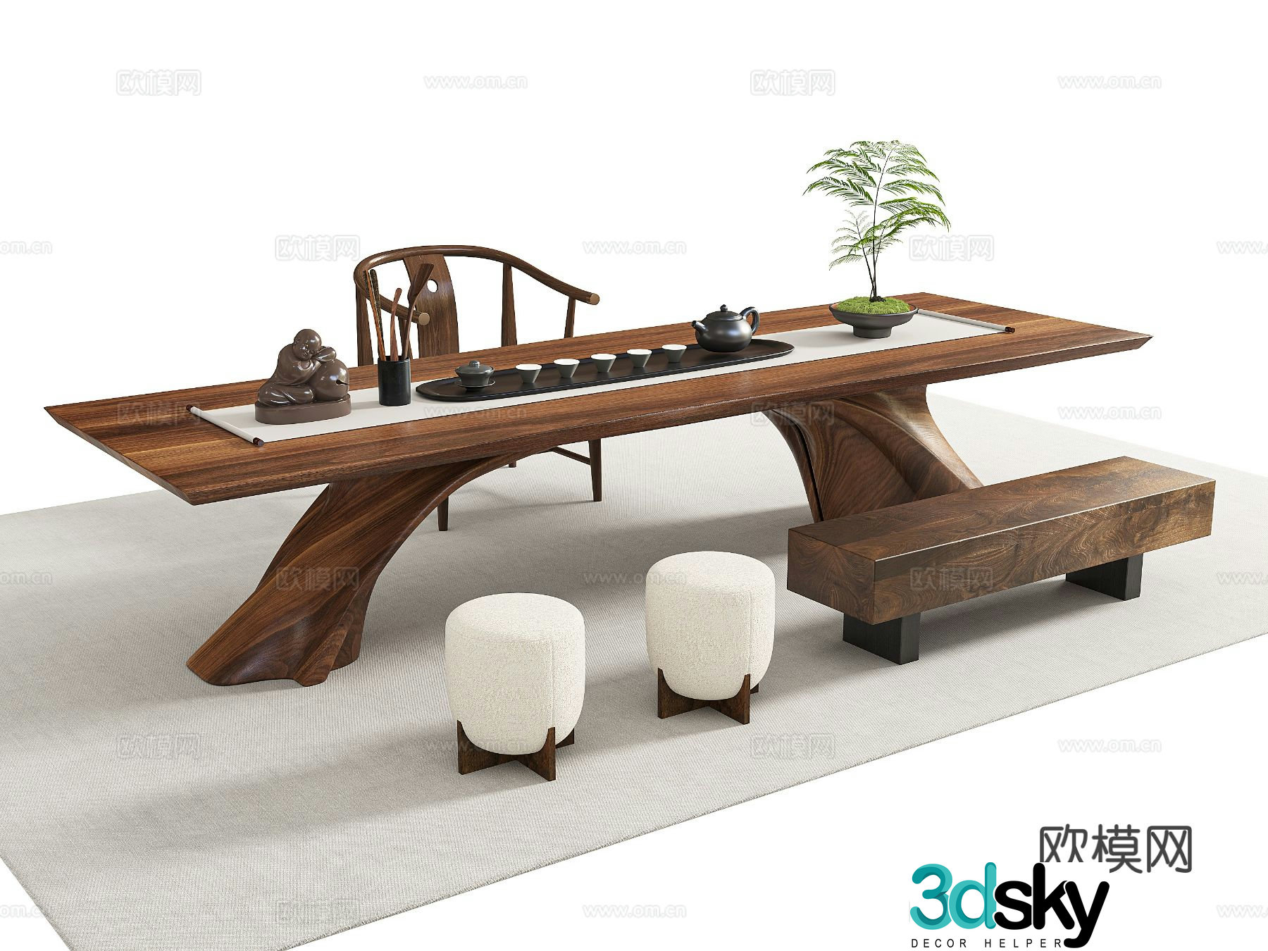 New Chinese tea table and chairs 3d model