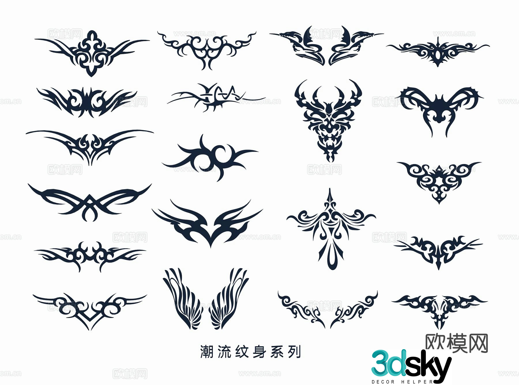 Trendy tattoo black and white wings bird tattoo totem pattern 3d model