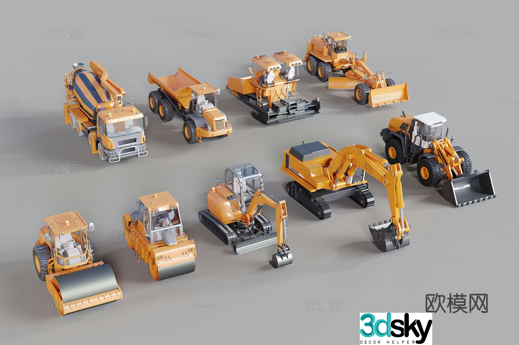 Engineering vehicle hook machine forklift tanker road roller paver truck 3d model