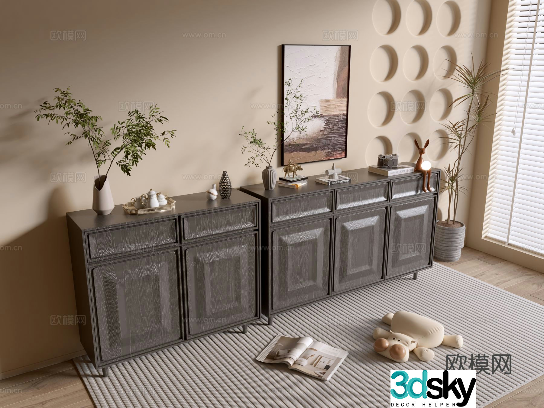 Modern black wood grain entrance cabinet 3d model