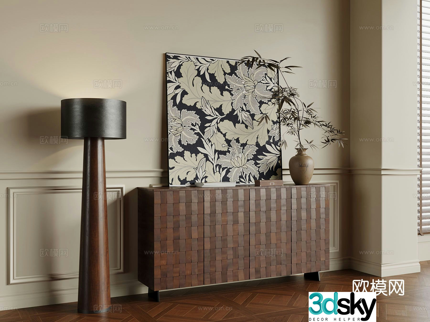 Medieval style side cabinet entrance cabinet floor lamp 3D model