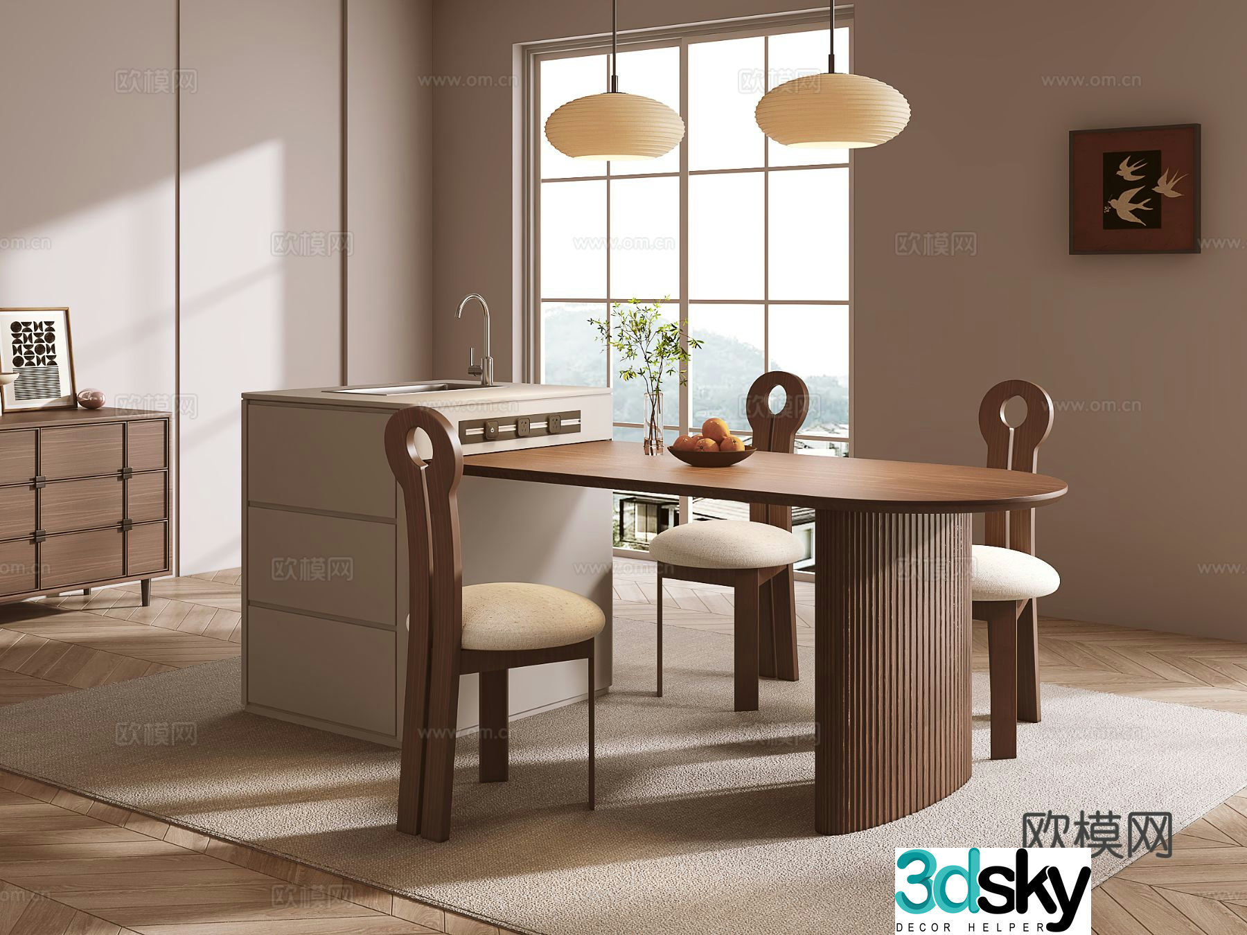 Medieval style island dining table and chairs 3D model