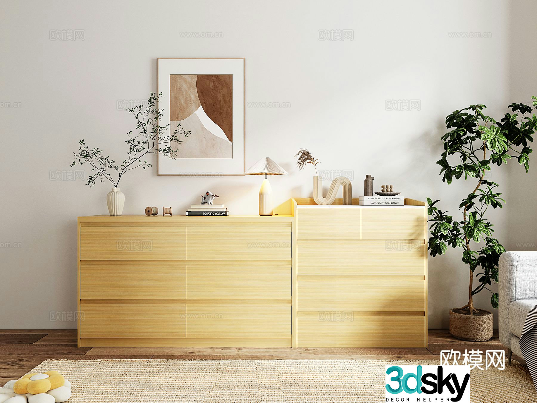 Log style cupboard low cabinet wood grain cabinet 3D model