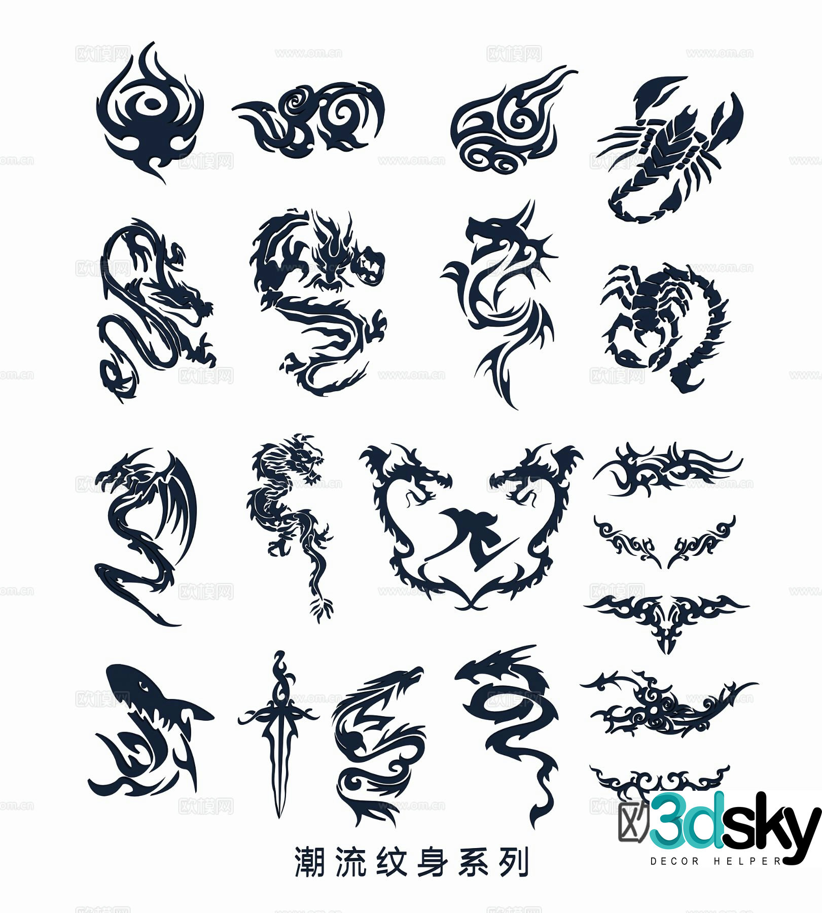 Trendy tattoo black and white wings dragon pattern bird tattoo totem pattern 3d model