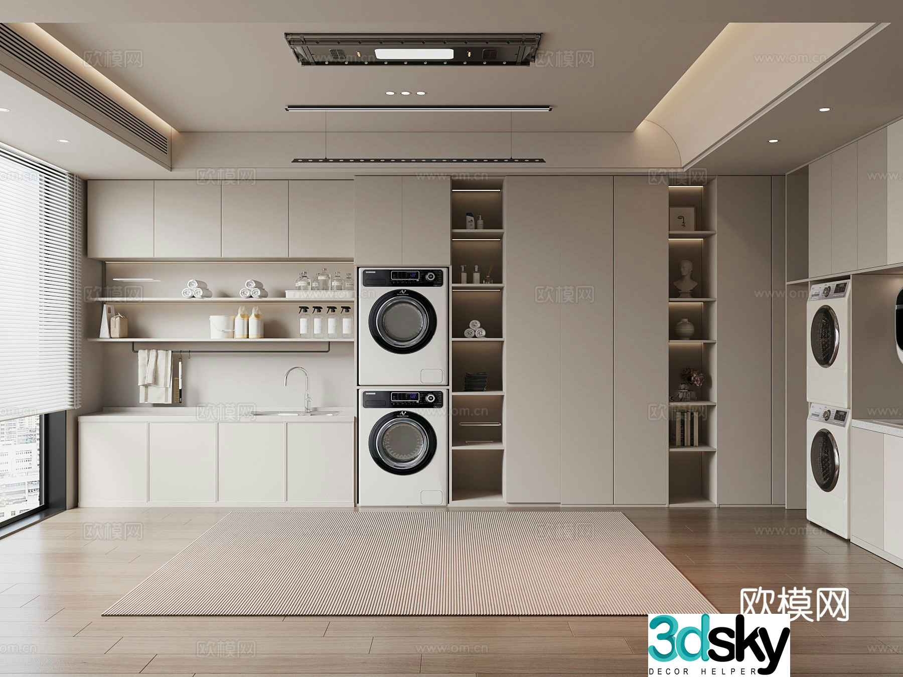 Modern washing machine cabinet clothes drying rack laundry room 3d model