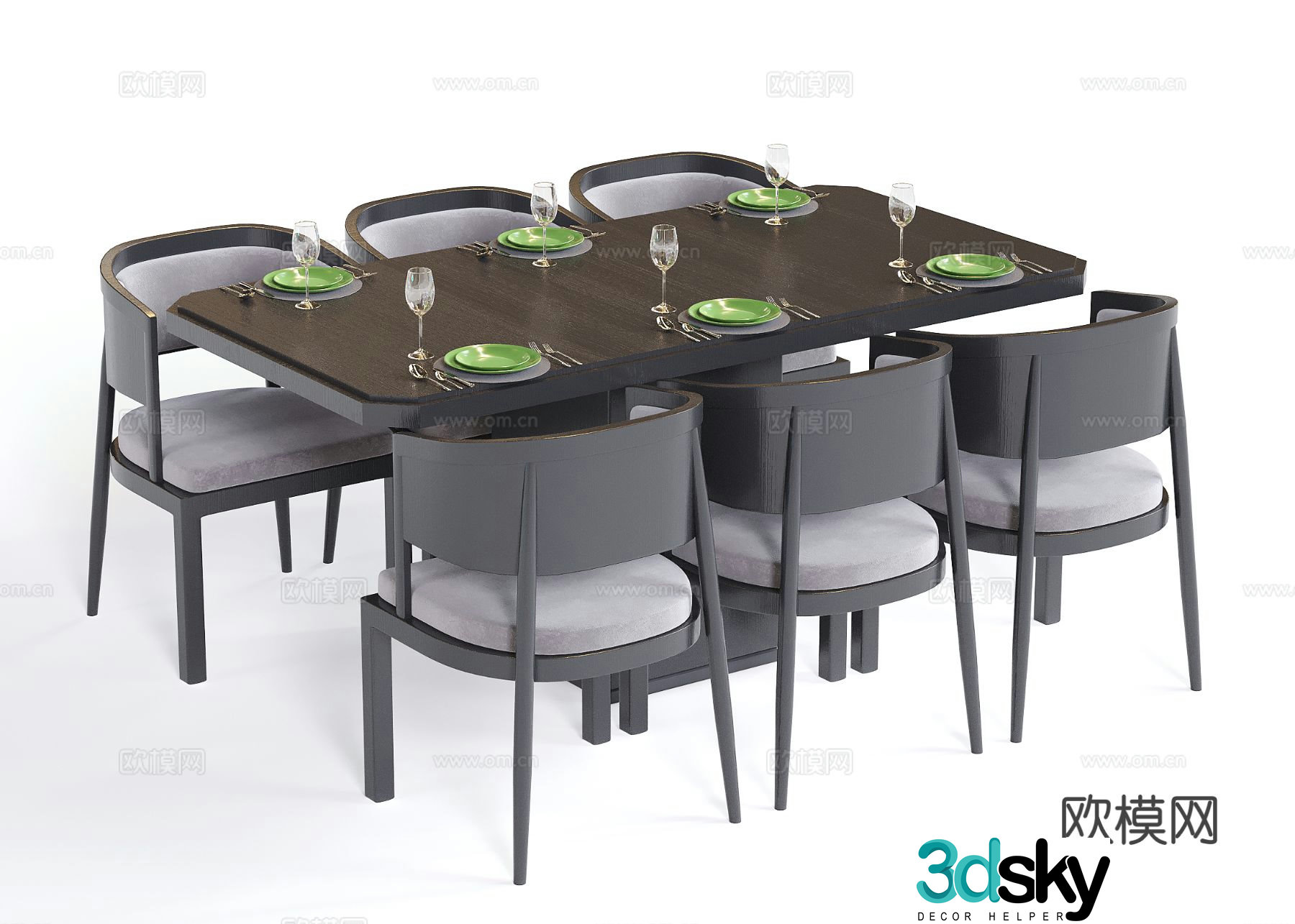 Modern dining table and chairs rectangular dining table eight-person dining table 3D model